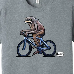 Sasquatch Biking Fast Unisex T-Shirt | Wearable Art by Seattle Mural Artist Ryan "Henry" Ward