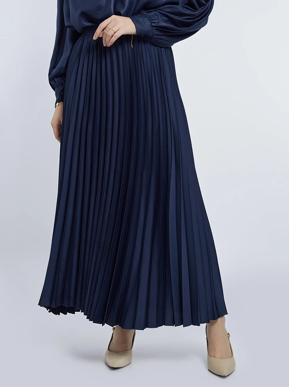 SATIN PLEATED SKIRT PLAIN NAVY