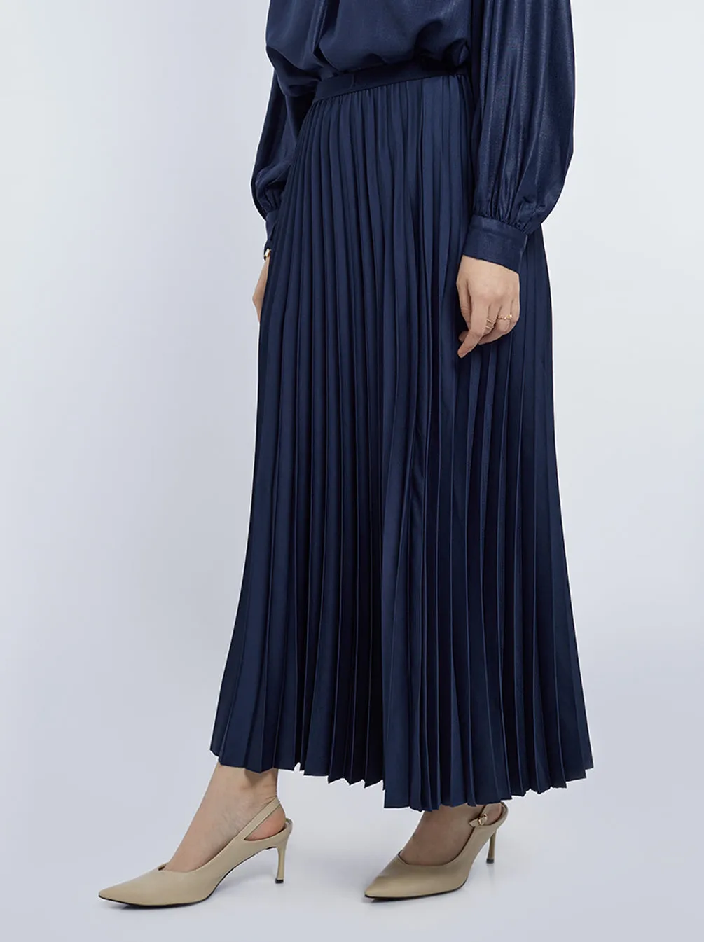 SATIN PLEATED SKIRT PLAIN NAVY