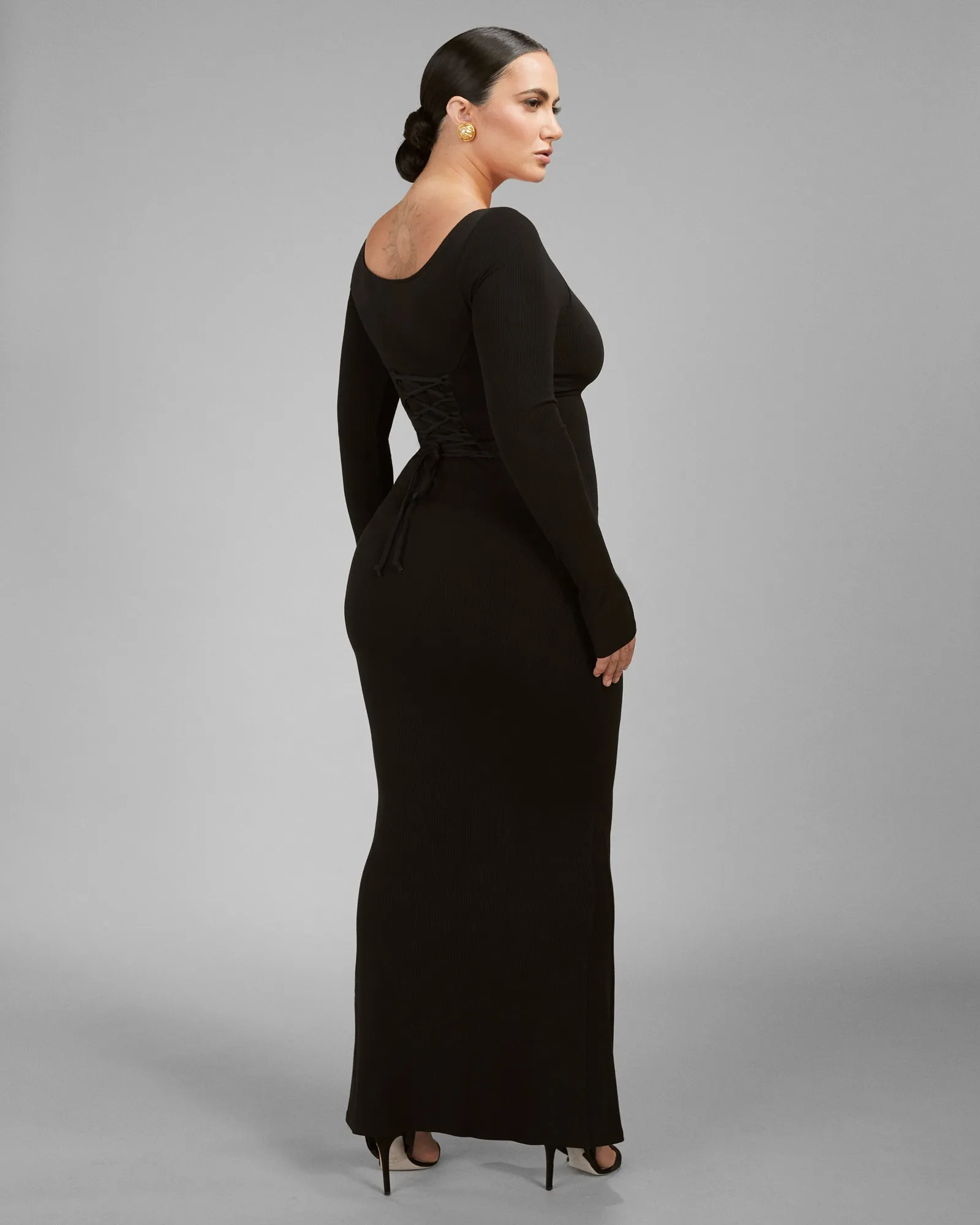 Scoopy Long Sleeve Rib Mermaid Dress - Black