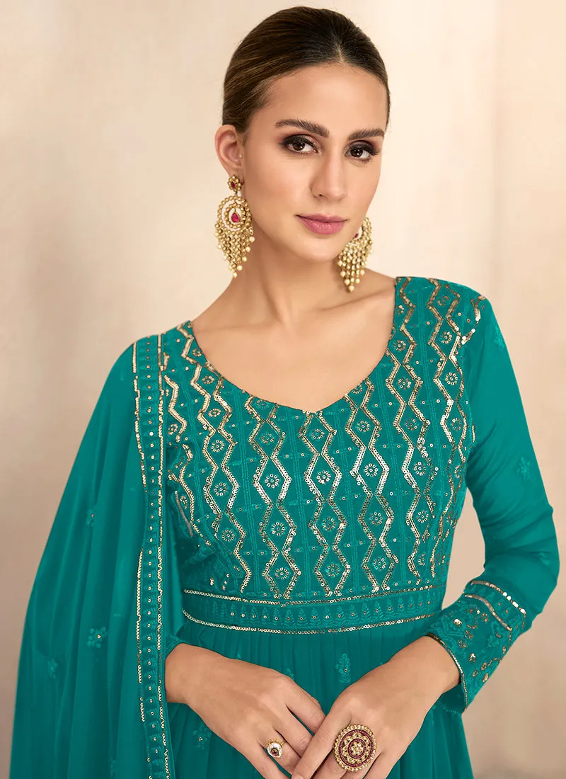 Sea Green Sequence Embroidery High Slit Palazzo Suit