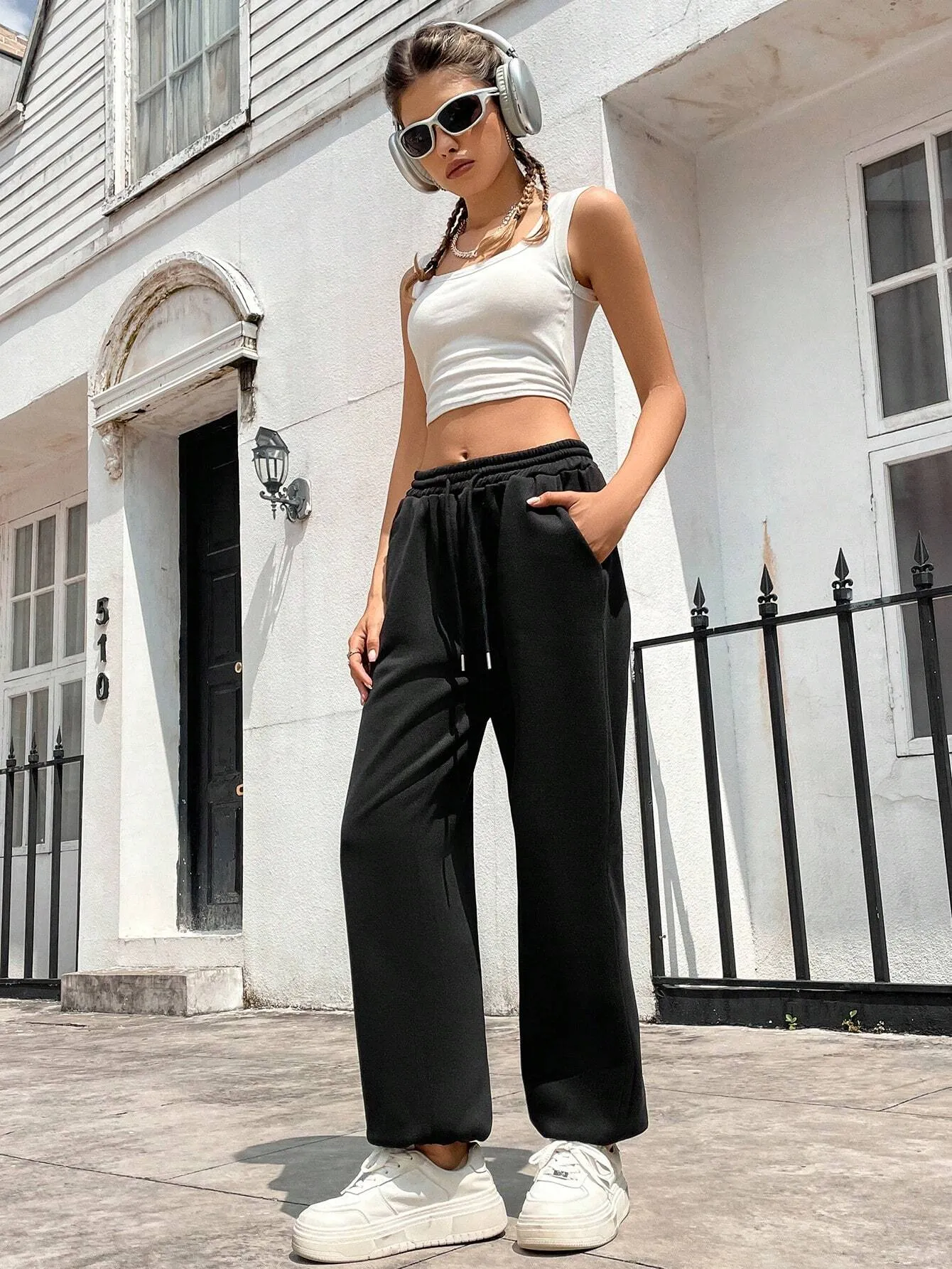 SHEIN Solid Drawstring Waist Slant Pocket Sweatpants