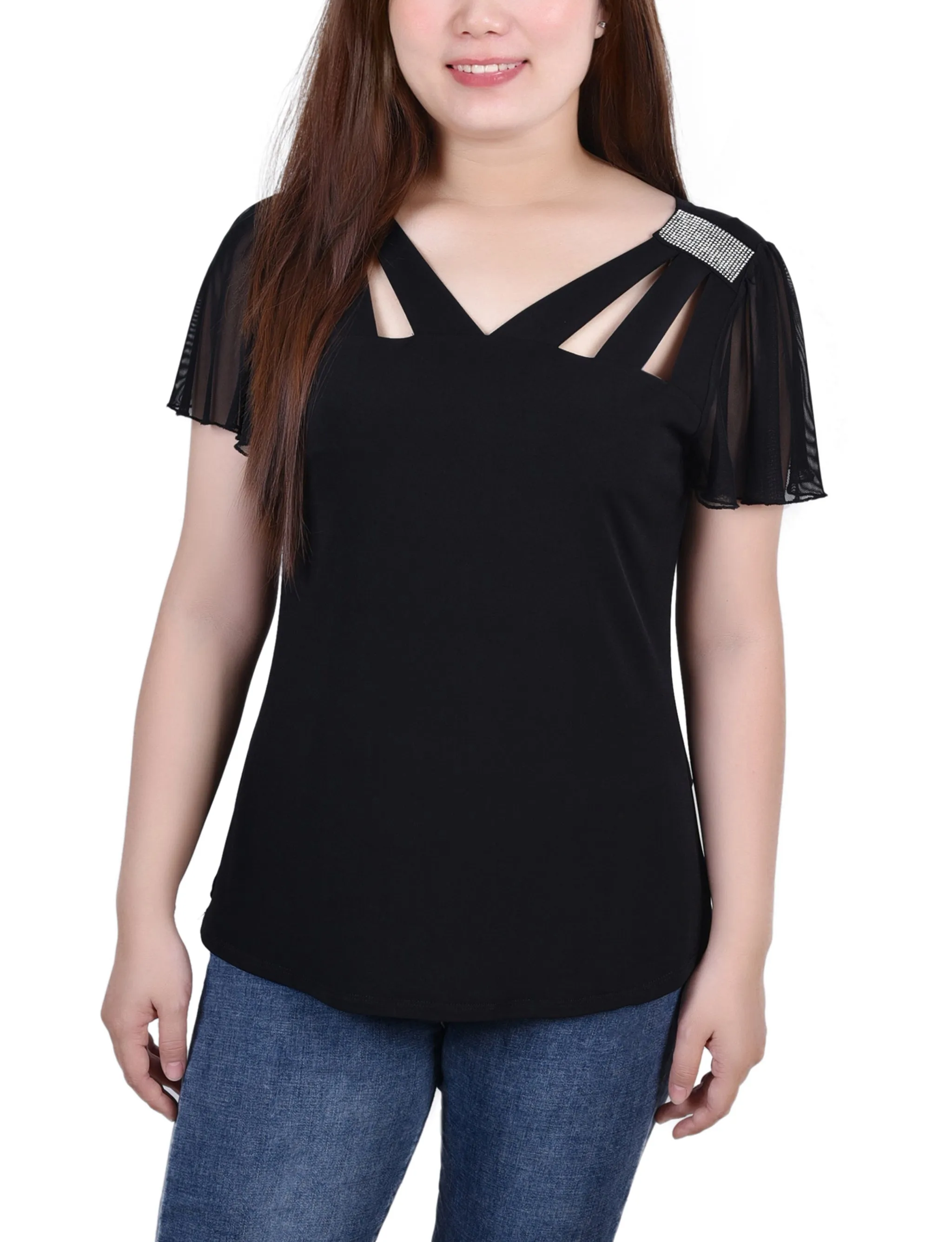 Short Flutter Sleeve Top With Cutouts and Stones