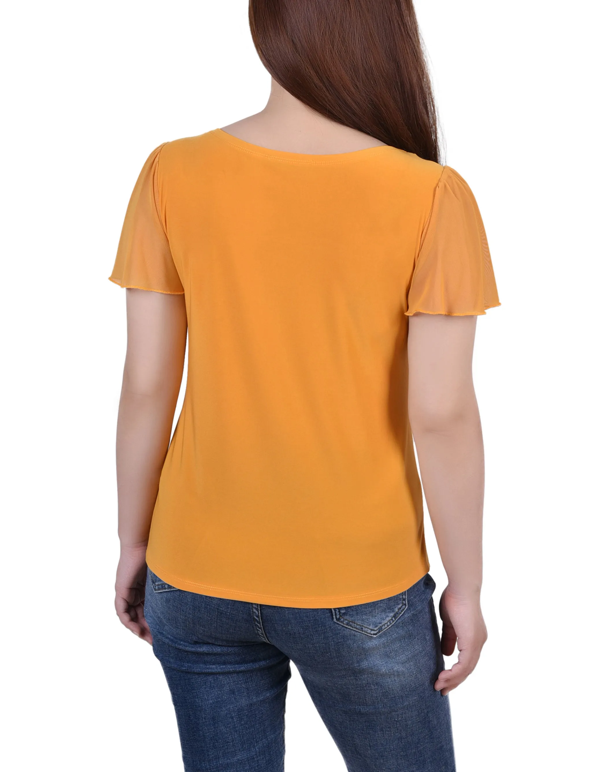 Short Flutter Sleeve Top With Cutouts and Stones