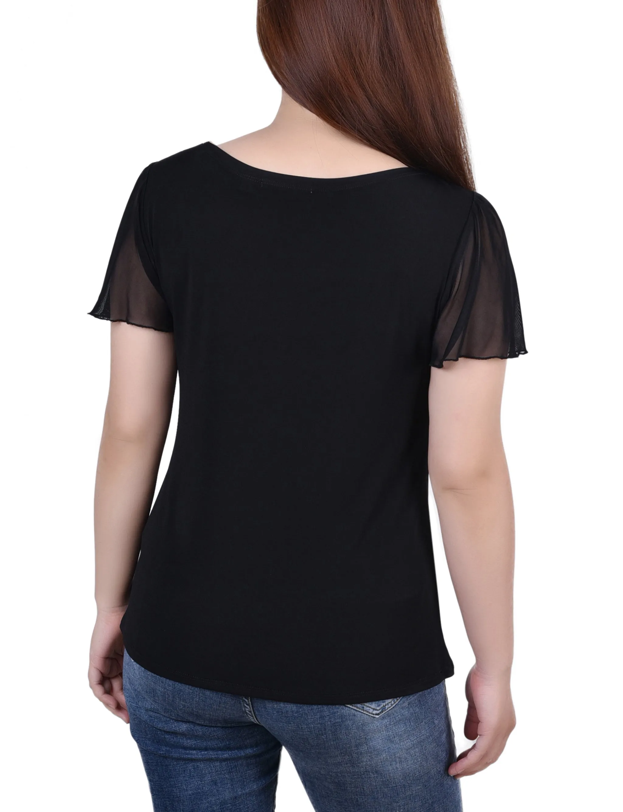 Short Flutter Sleeve Top With Cutouts and Stones