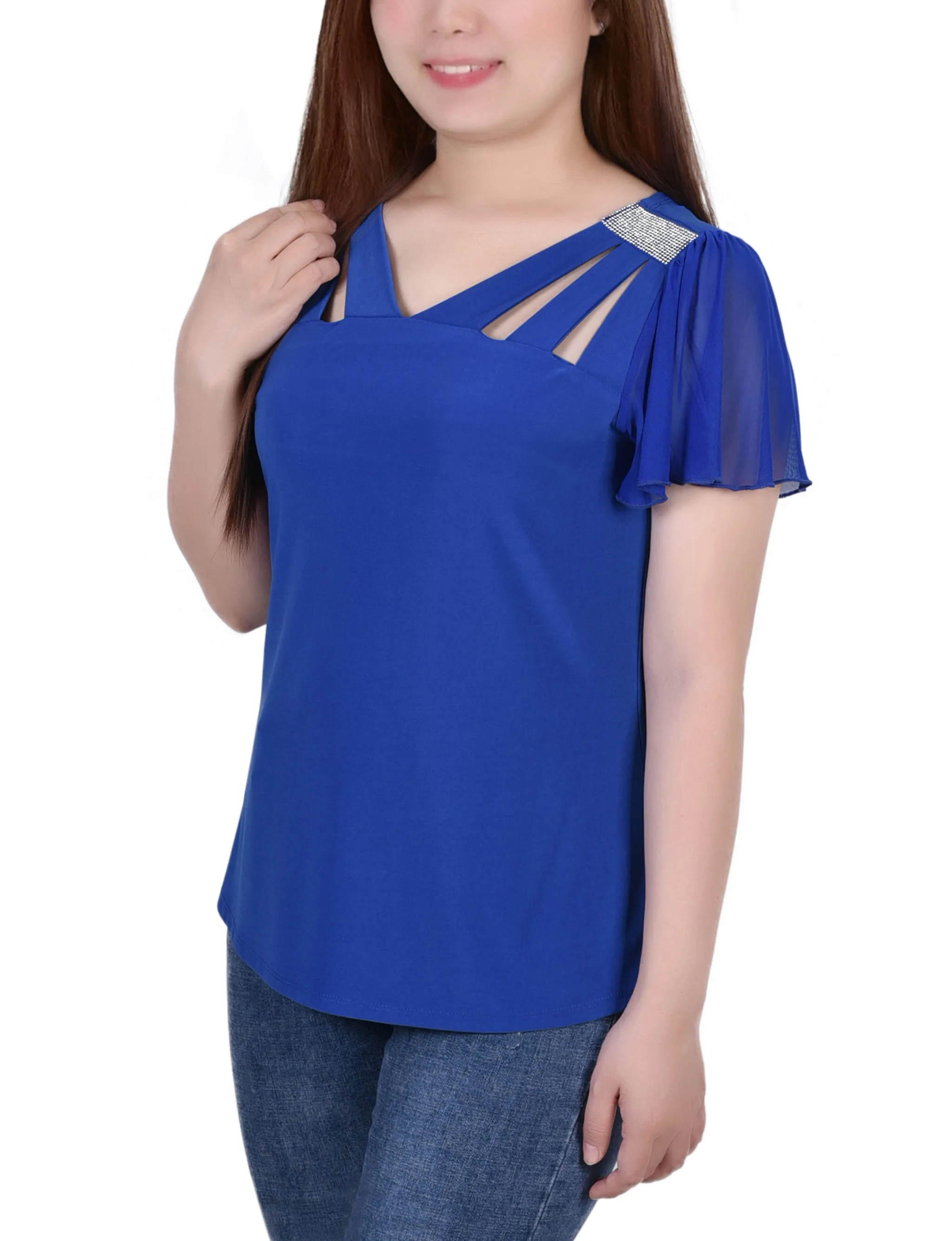 Short Flutter Sleeve Top With Cutouts and Stones