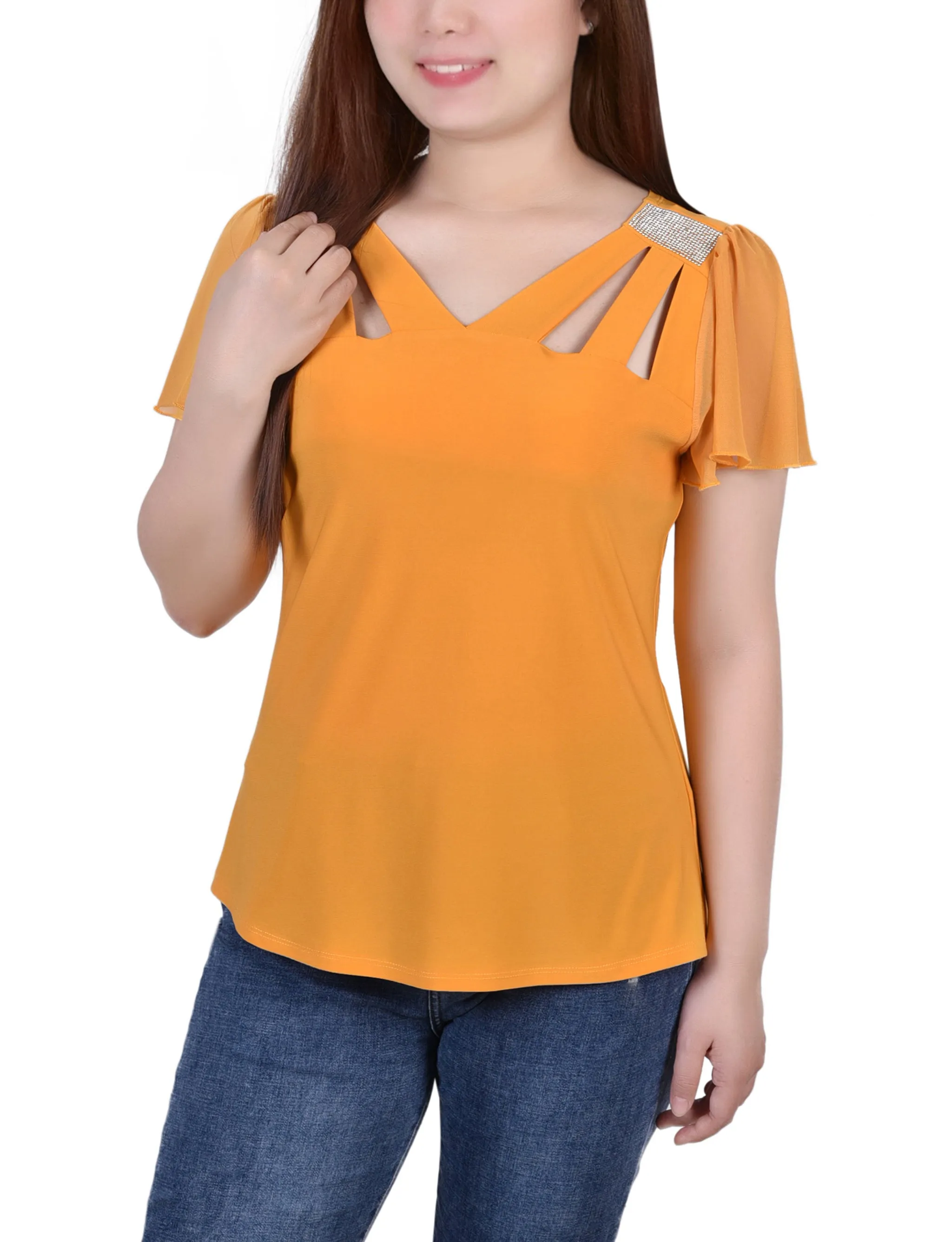 Short Flutter Sleeve Top With Cutouts and Stones