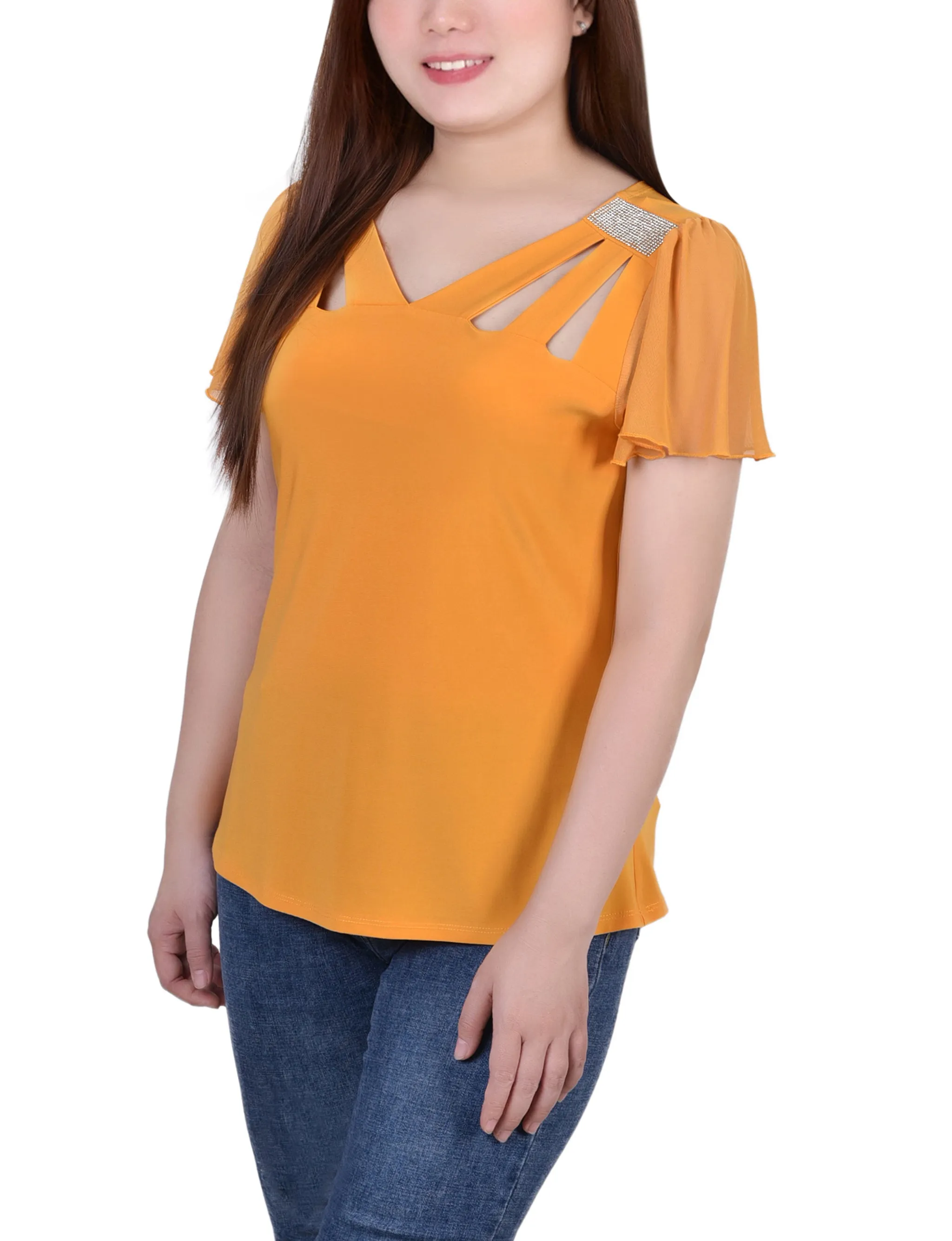 Short Flutter Sleeve Top With Cutouts and Stones