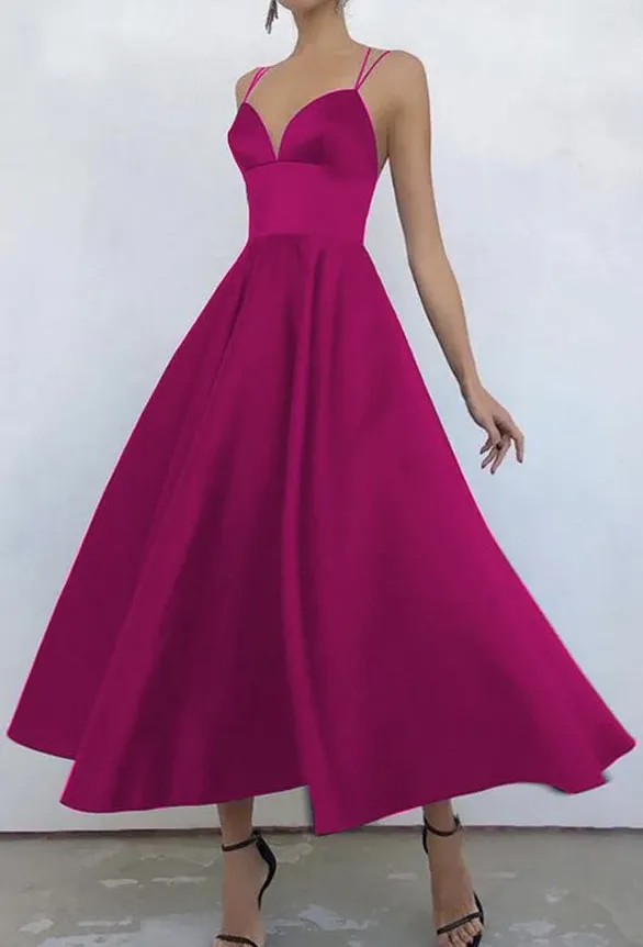 Simple V Neck Satin Burgundy Tea Length Prom/Evening Dresses      fg578