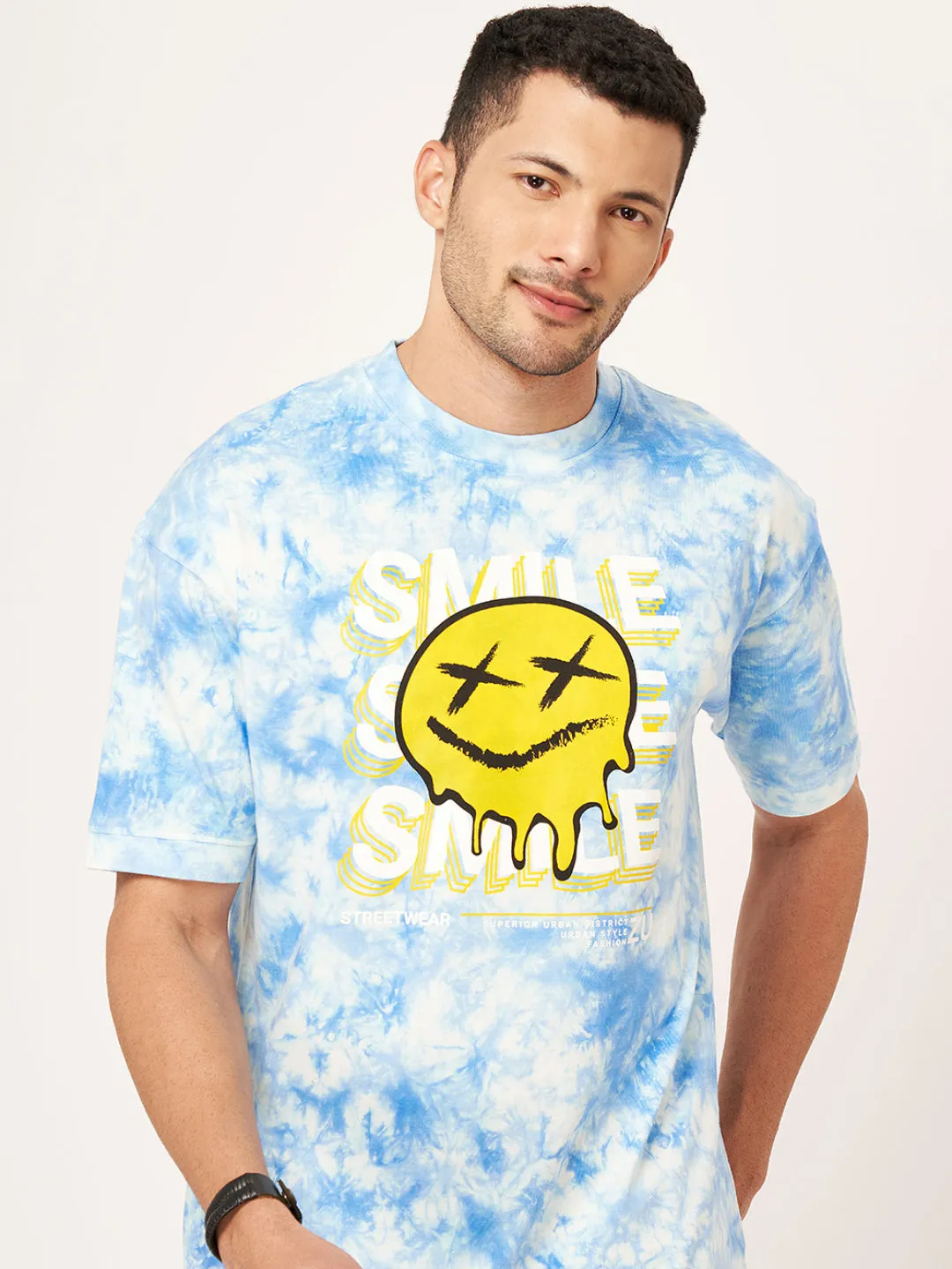 Sky Blue Printed Half Sleeve Tie-Dye T-shirt