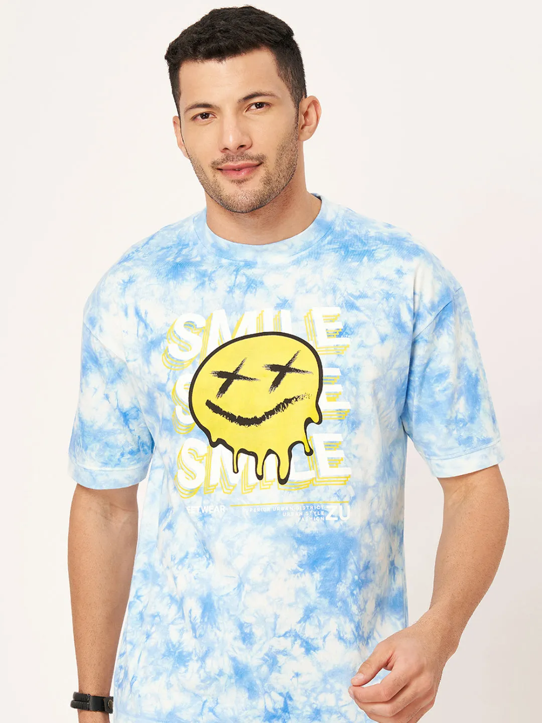 Sky Blue Printed Half Sleeve Tie-Dye T-shirt