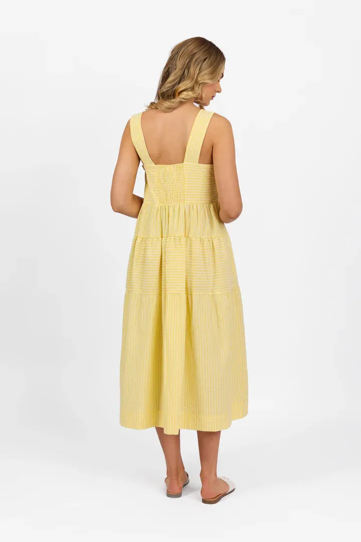 Sleeveless Tiered Dress with Wide Strap -6099 Yellow Stripe