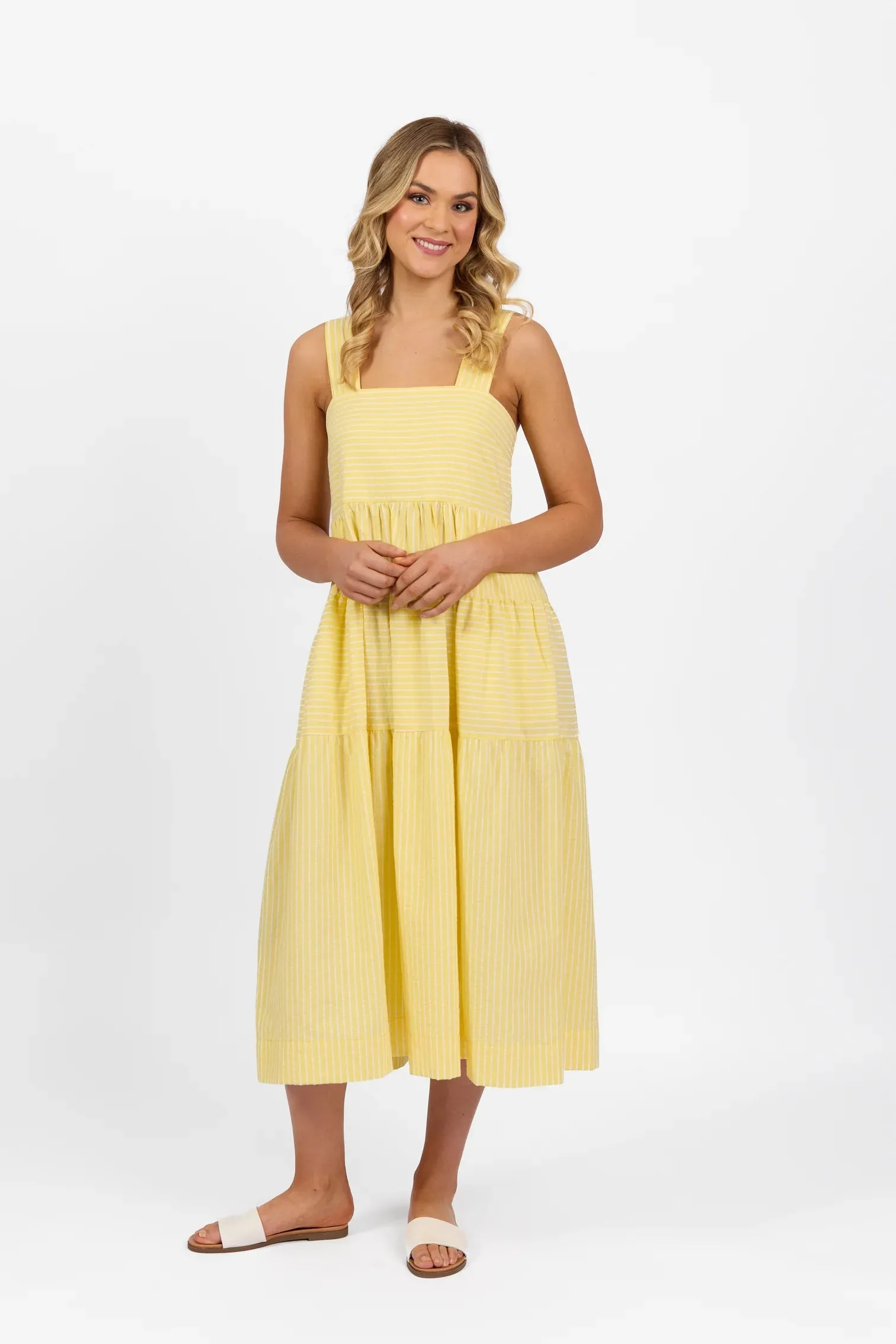 Sleeveless Tiered Dress with Wide Strap -6099 Yellow Stripe