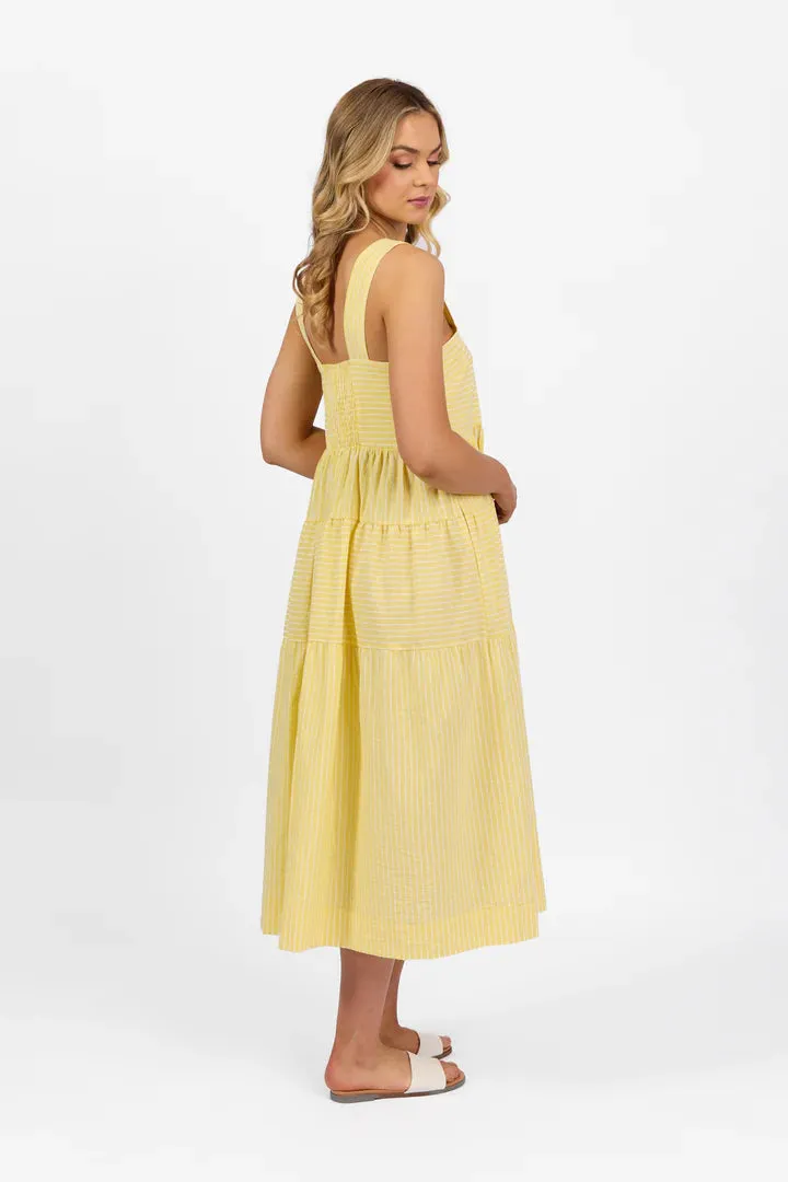 Sleeveless Tiered Dress with Wide Strap -6099 Yellow Stripe