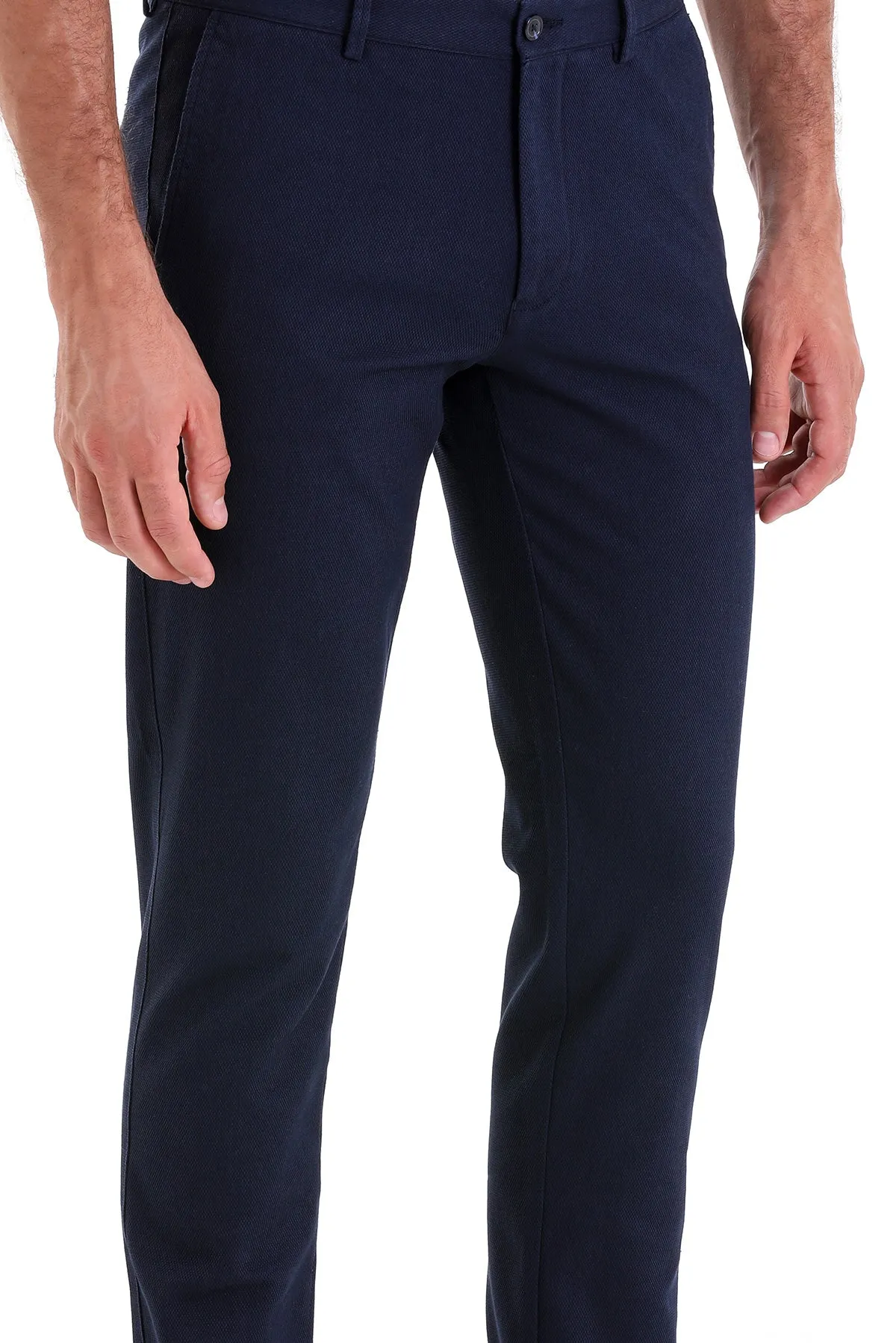 Slim Fit Navy Side Pocket High Waist Cotton Casual Pants