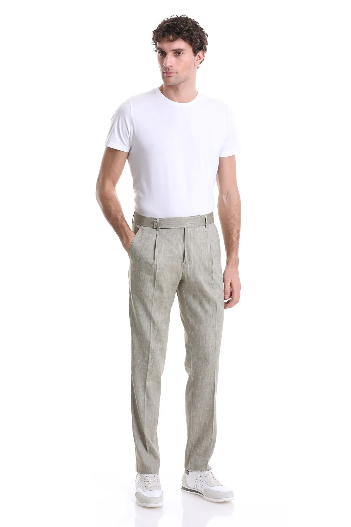 Slim Fit Olive High Waist Single Pleated Linen Dress Pants