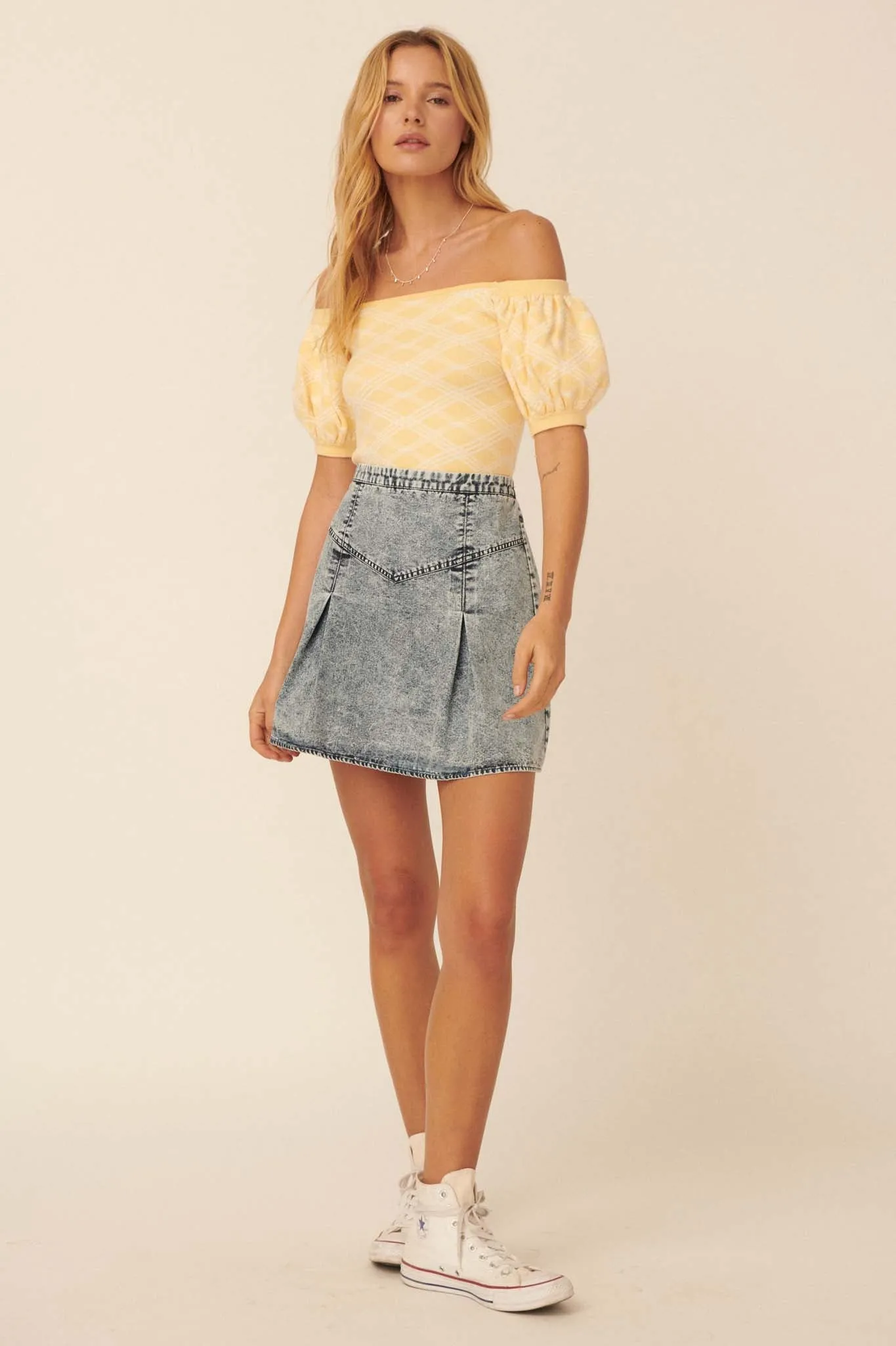 Smooth As Stone Denim Pleated A-Line Mini Skirt