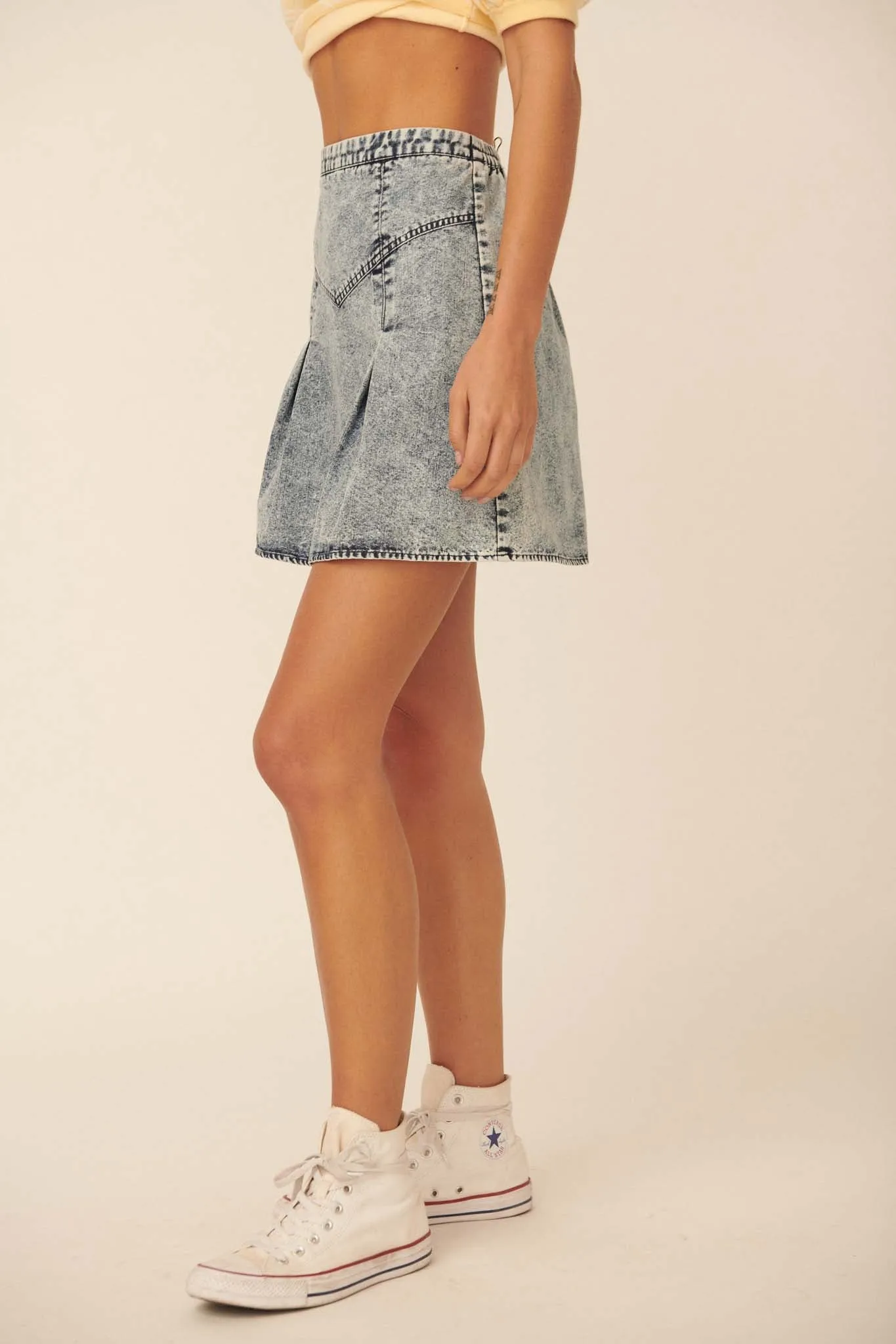 Smooth As Stone Denim Pleated A-Line Mini Skirt