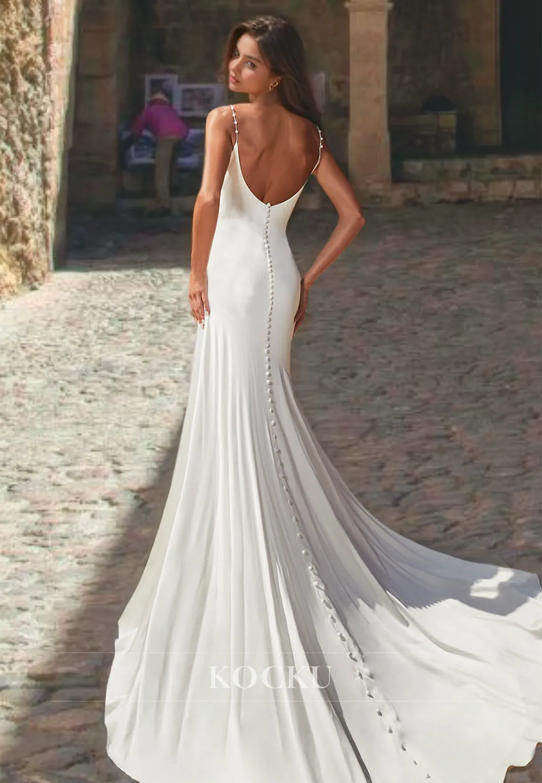 Spaghetti Straps Sheath Ruched High Split Train Pleated Satin Wedding Dress with Beads Bridal Dress