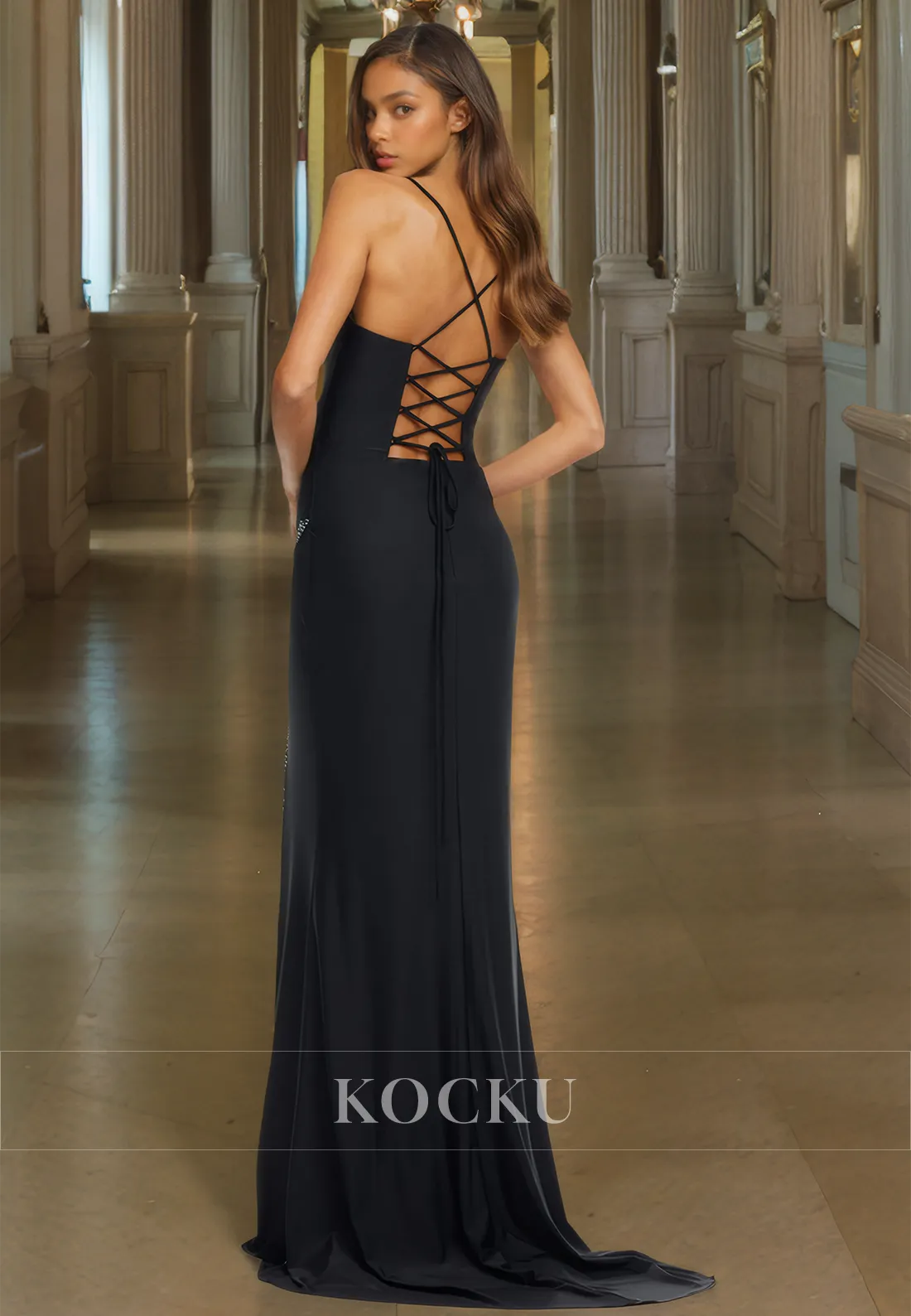 Spaghetti Straps Tube Top Sheath Sleeveless Train Pleated Satin Prom Dress with Beads Evening Gowns