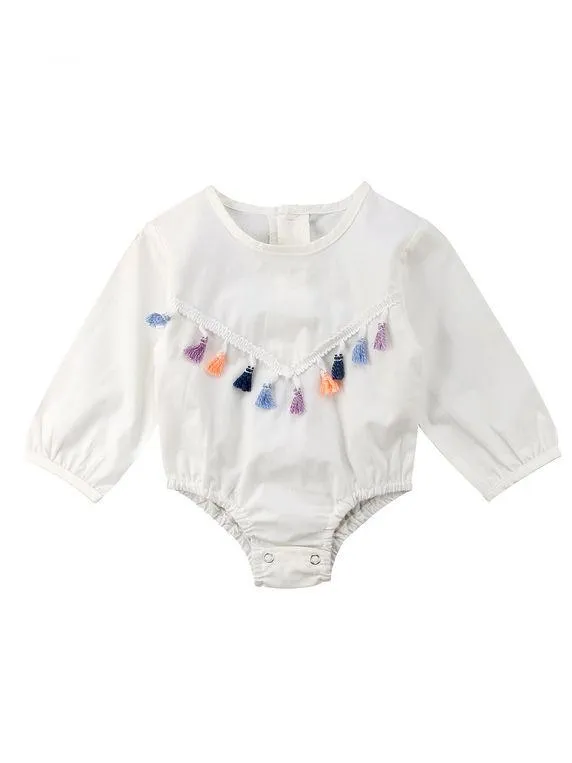 Spring Tassel Trimmed Romper Long Sleeve Spanish Style Baby Clothes Blue/White