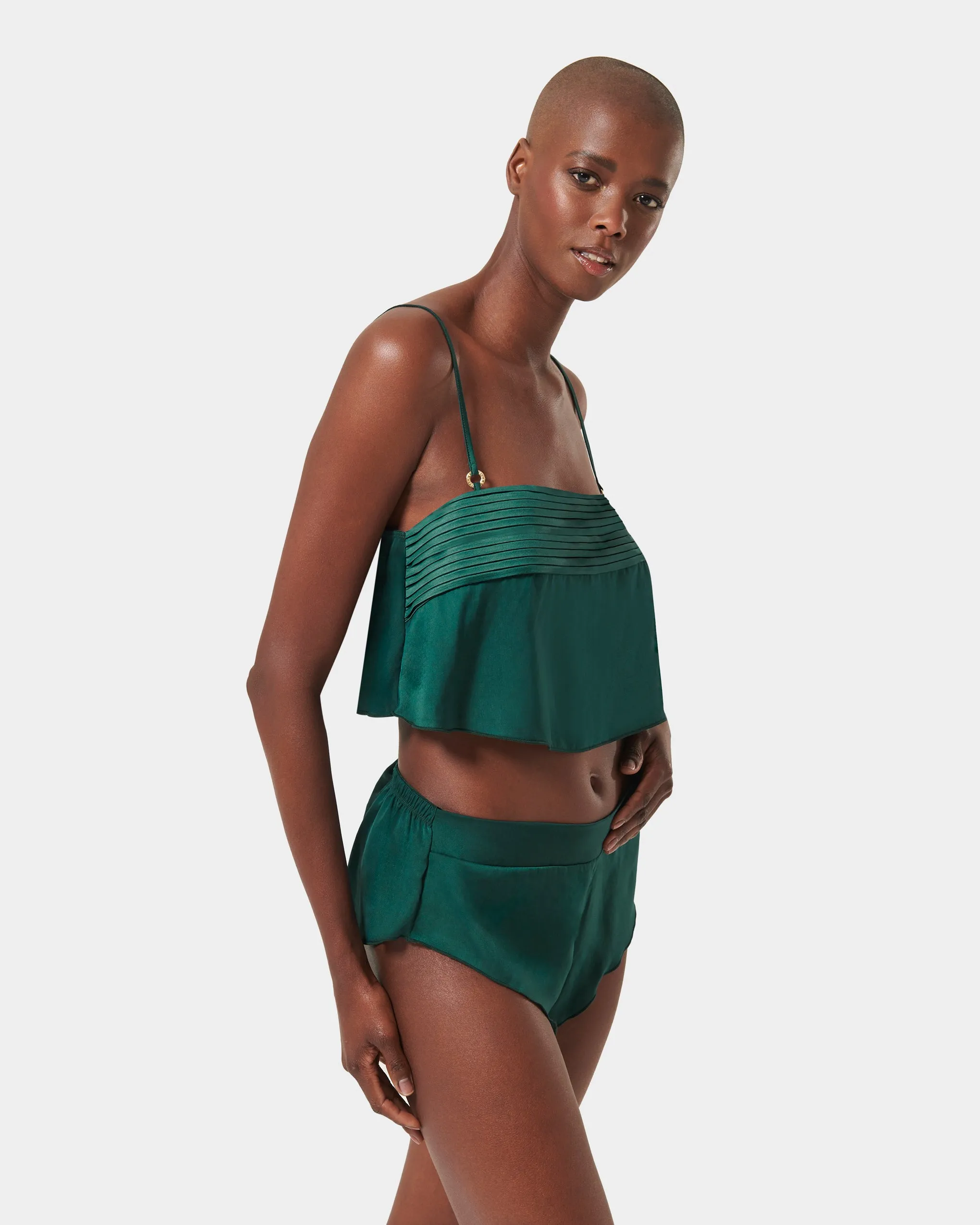 Stephanie Luxury Satin Crop Cami and Short Set Botanical Garden Green