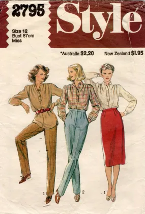 Style 2795 Womens Blouse Straight Skirt & Pleated Pants 1970s Vintage Sewing Pattern Size 12 Bust 34 inches