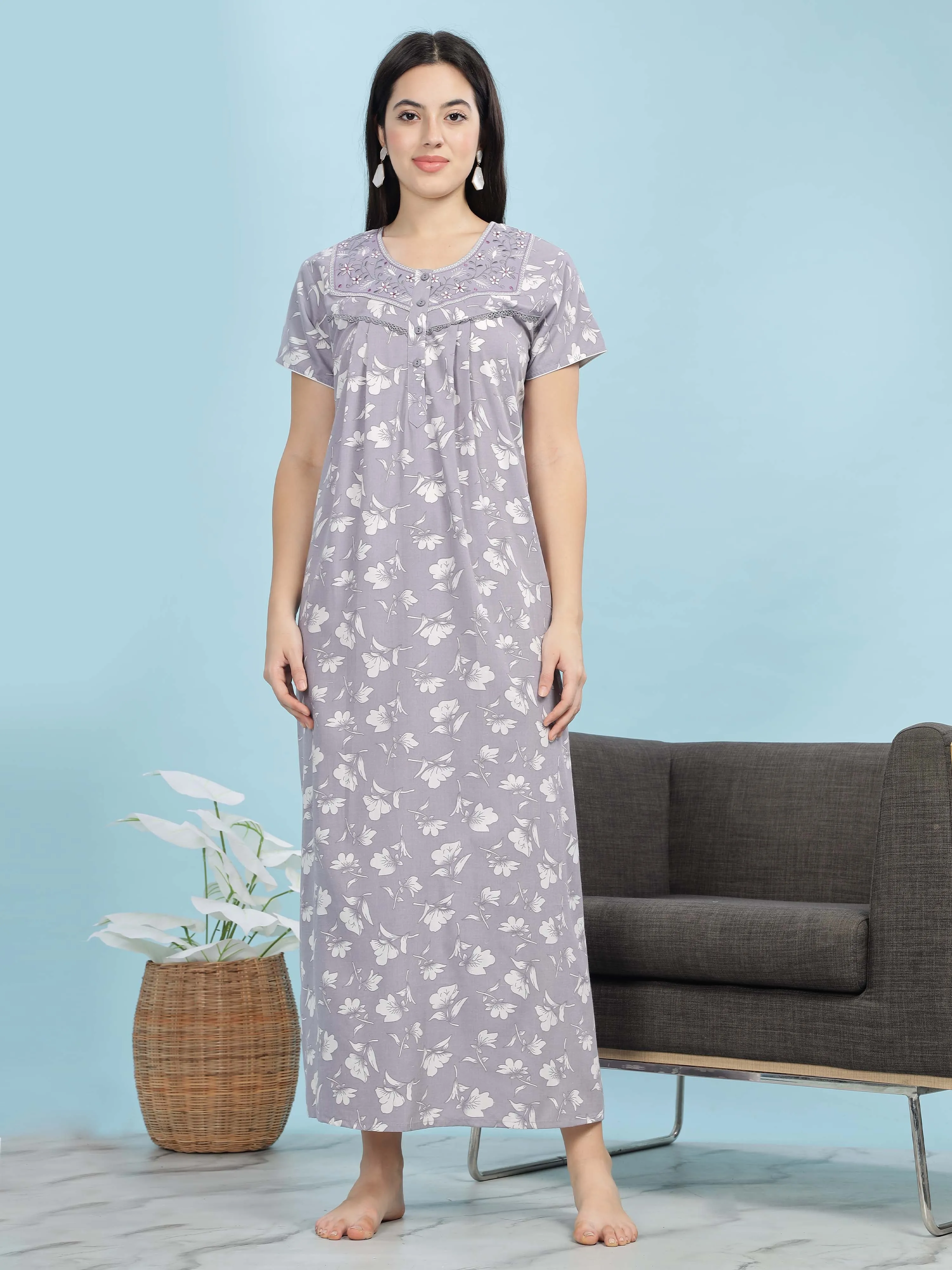 Stylish Light Lavender Pleated Nighty with Floral Print & Pocket