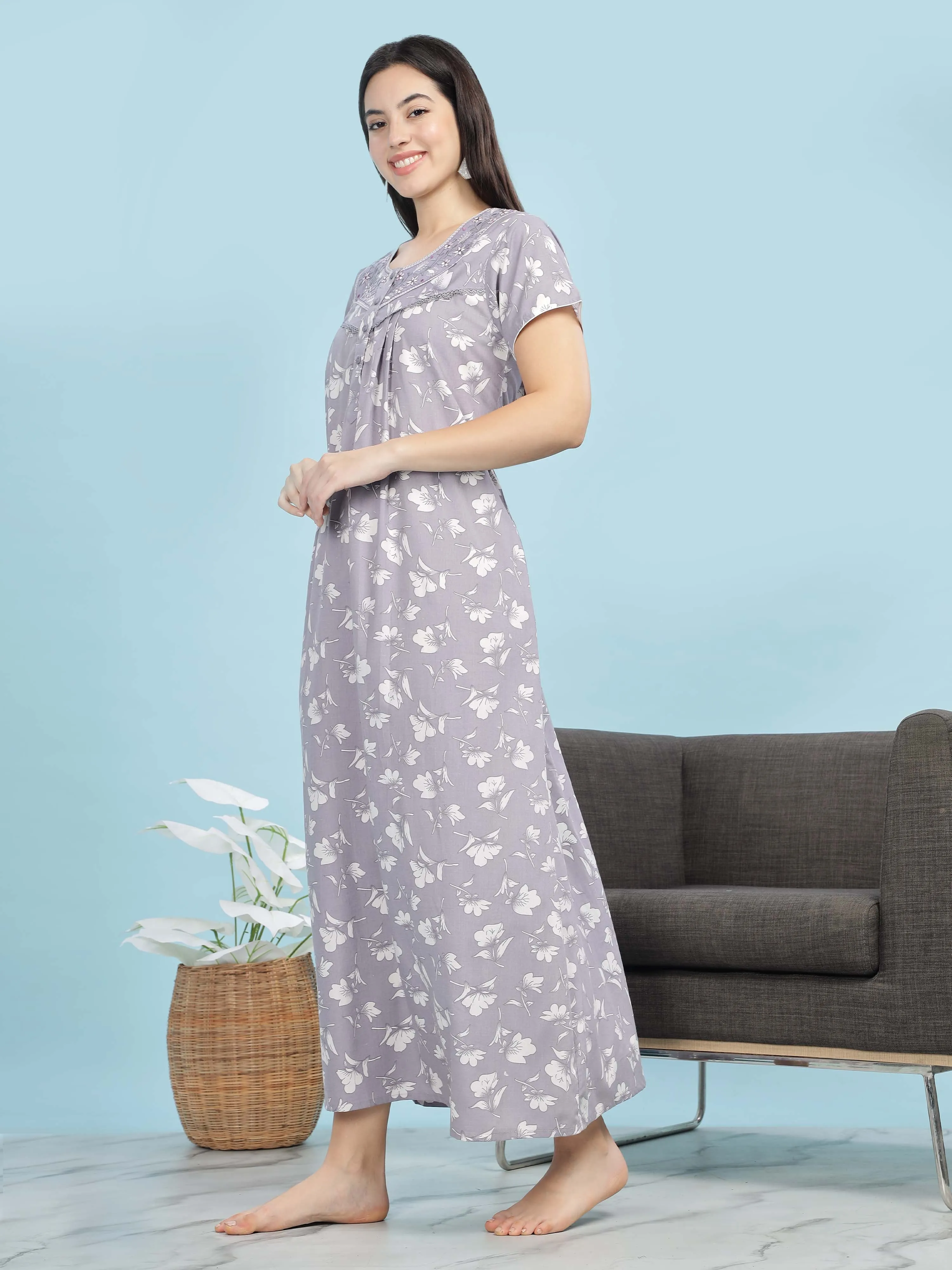 Stylish Light Lavender Pleated Nighty with Floral Print & Pocket