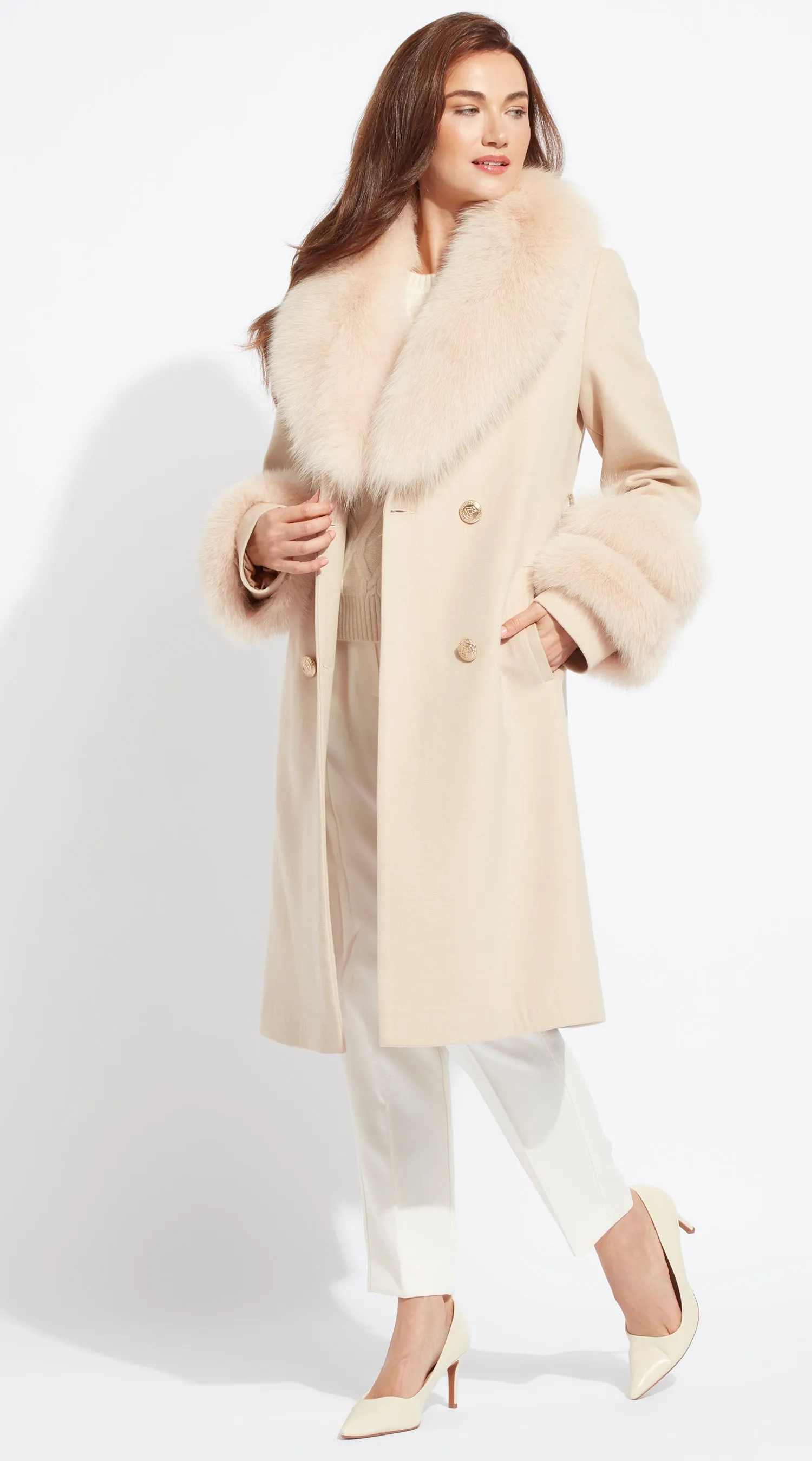 Supreme Luxy Cashmere & Fox Fur Belted Coat - Beige