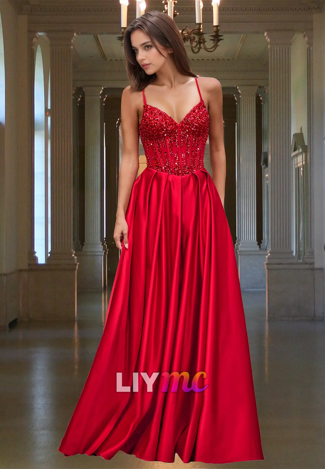 Sweetheart Spaghetti Straps Beaded Sequins Pleated A-Line Prom Dress