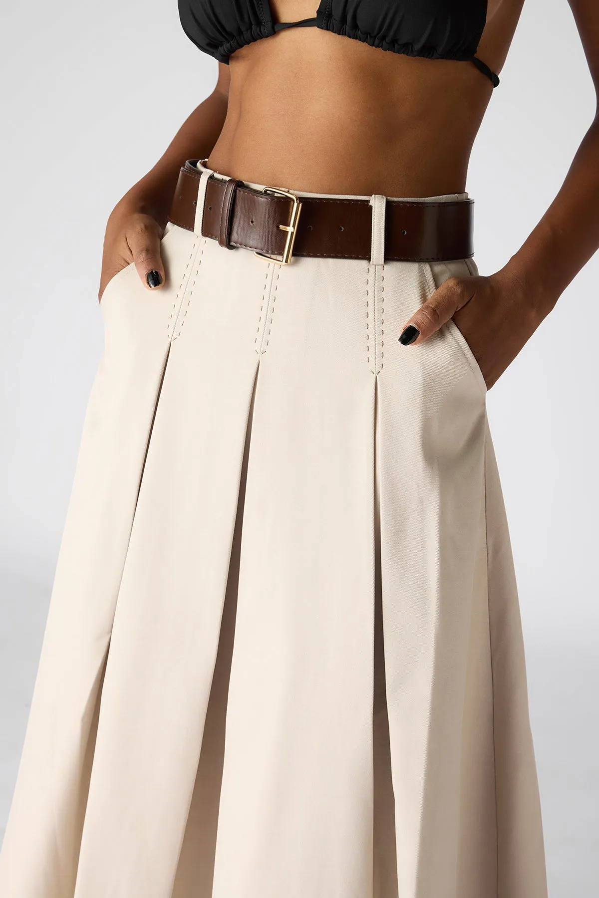 The 9 To 5 Essential Pleated Skirt- Beige