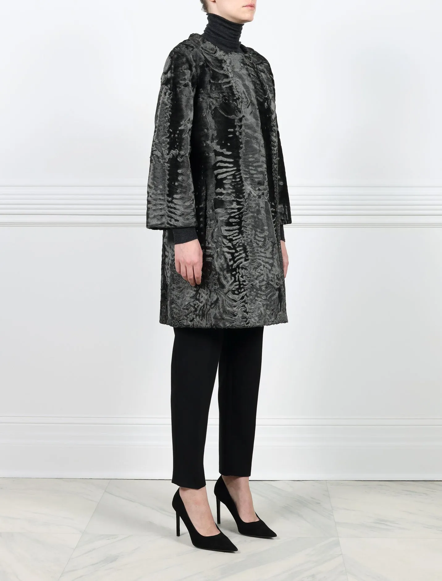 The Linden Swakara Lamb Coat in Silver Metallic