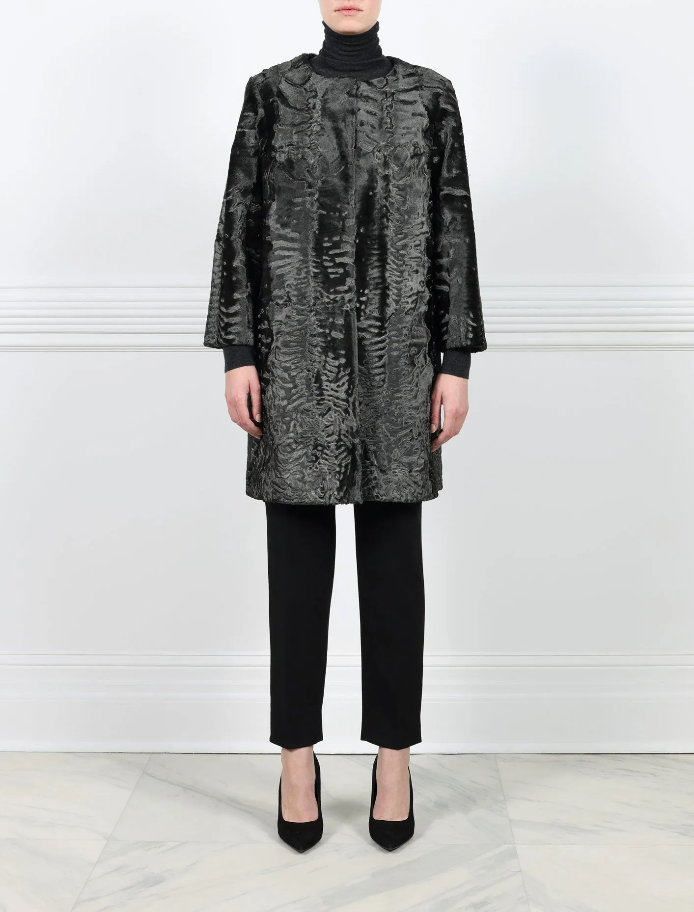 The Linden Swakara Lamb Coat in Silver Metallic