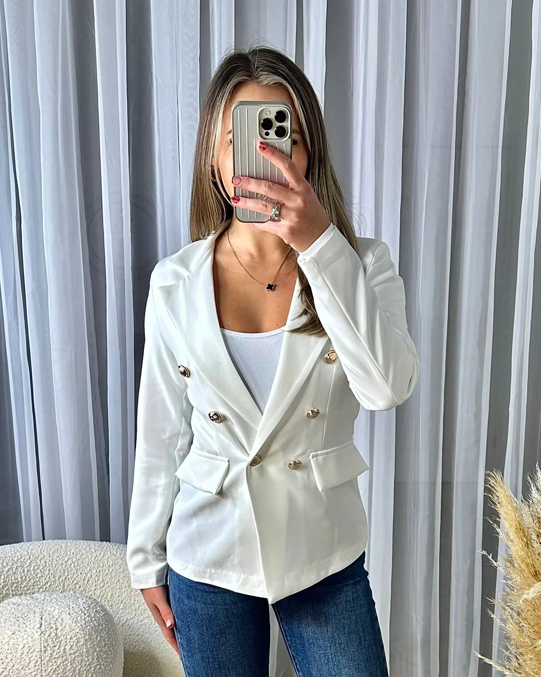 Thea Fitted Gold Button Blazer - White