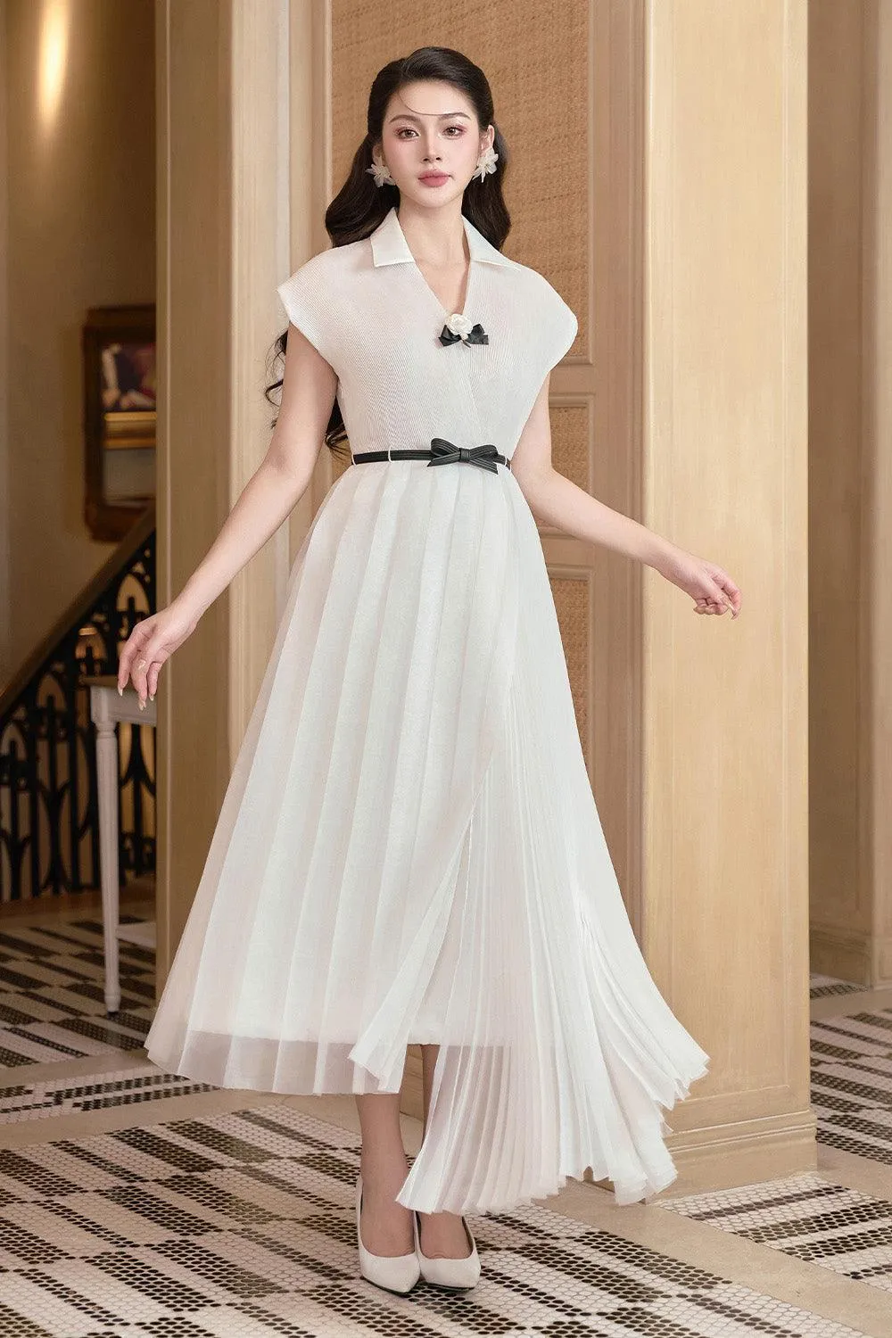 Tina Asymmetric Pleated Foam Ankle Length Dress