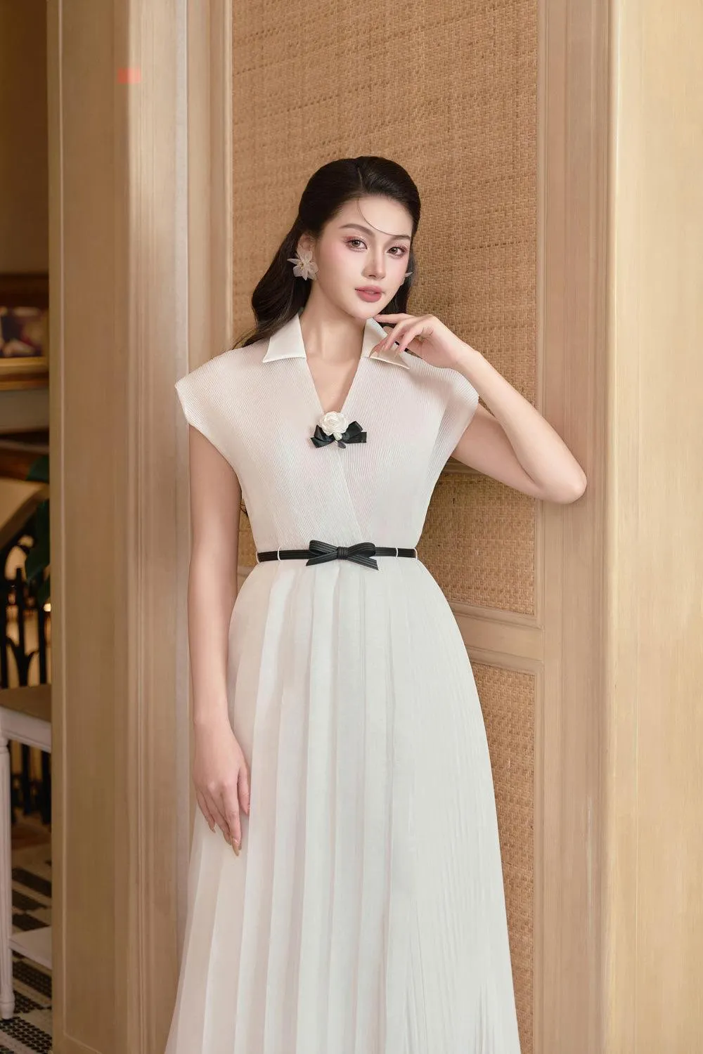 Tina Asymmetric Pleated Foam Ankle Length Dress