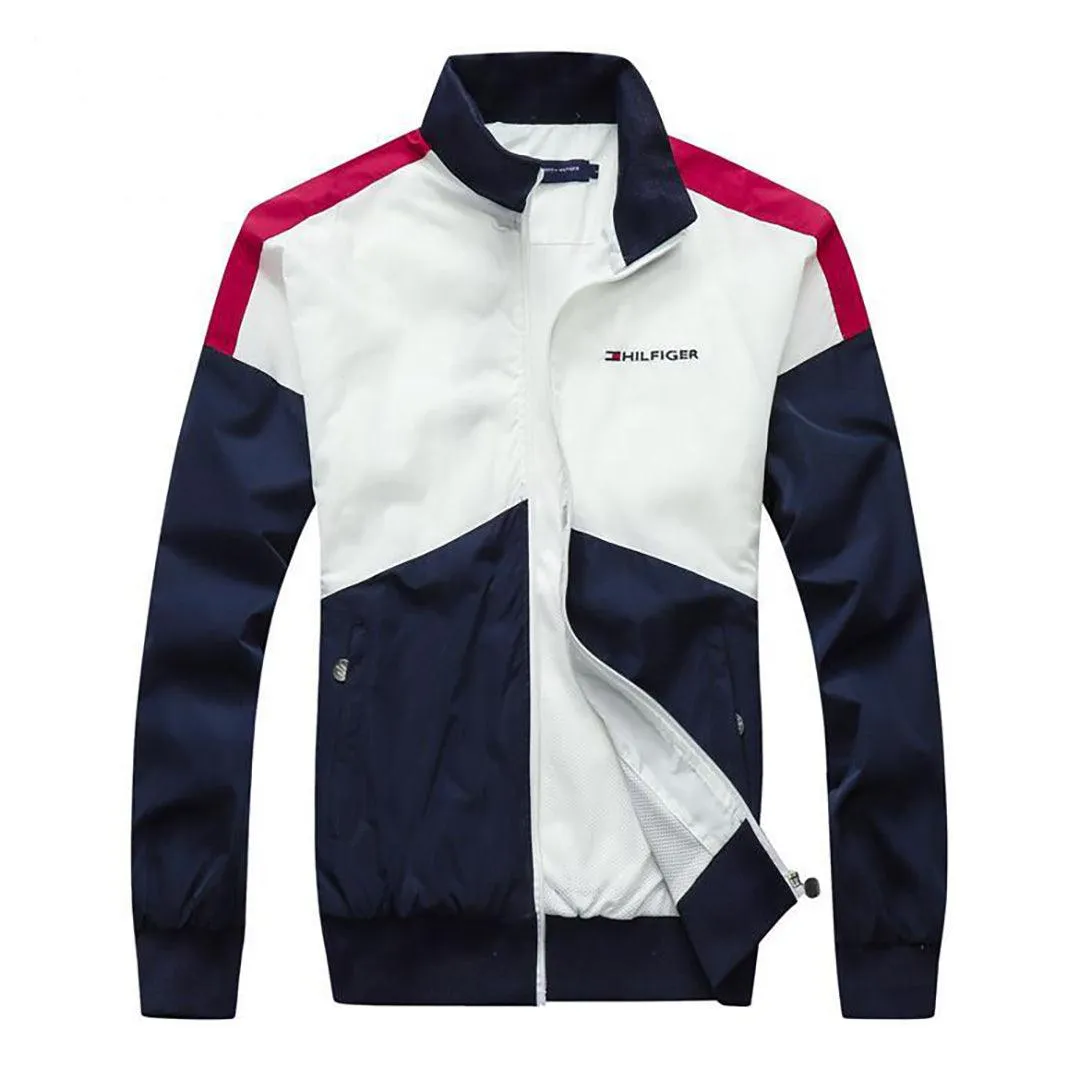 Tom Pop Over Windbreaker Zip Down Jacket-White Navy-blue