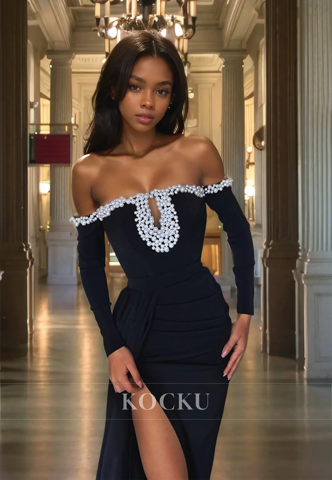 Tube Top Long Sleeves Sheath High Split Train Beads Satin Party Dress with Cut Outs Prom Dress