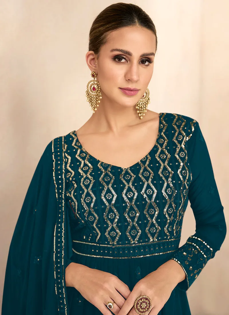 Turquoise Sequence Embroidery High Slit Palazzo Suit