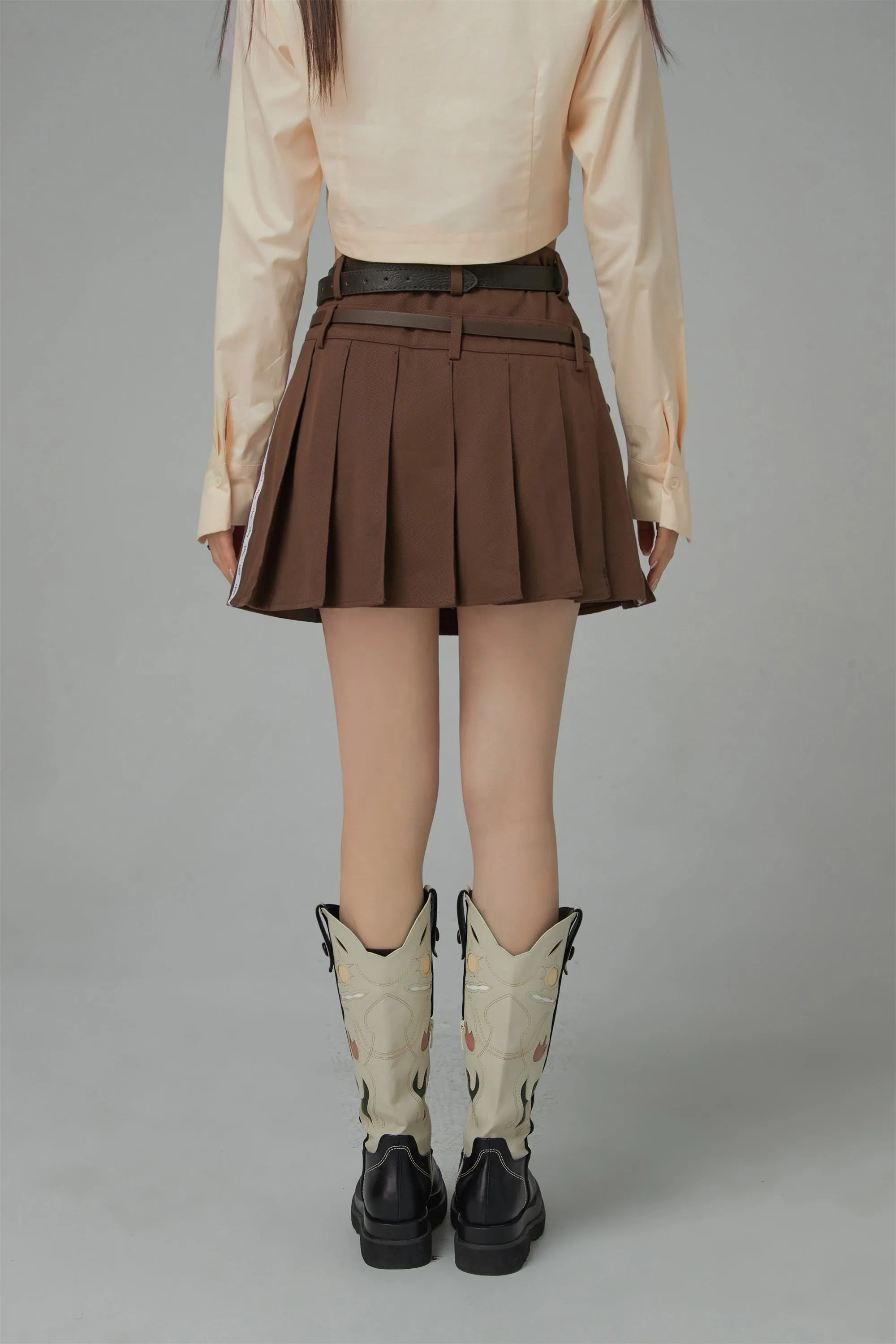 Two Belts Pleated Mini Skirt