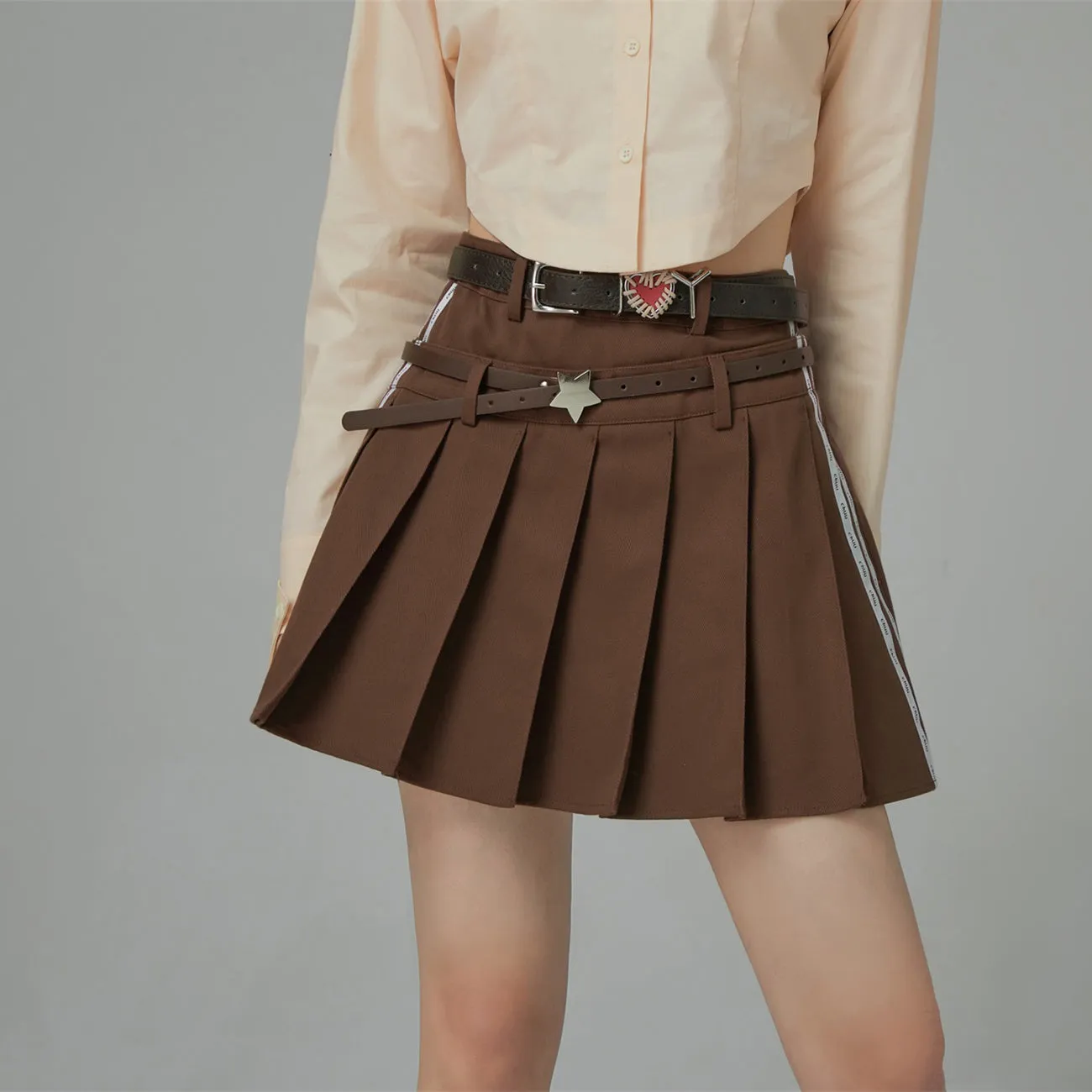 Two Belts Pleated Mini Skirt