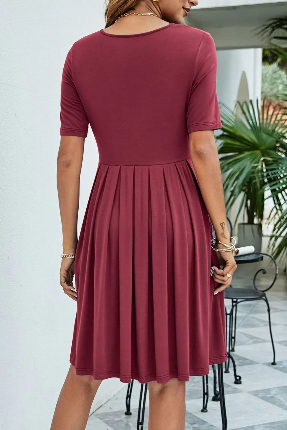 V-Neck Pleated Knee-Length Dress