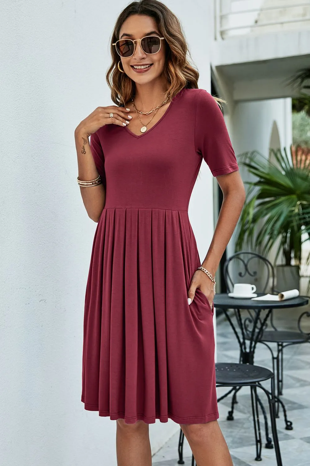 V-Neck Pleated Knee-Length Dress