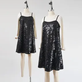 Vintage 90s Black Sequin Slip Dress Spaghetti Strap Evening Party A-line Shift Dress size S