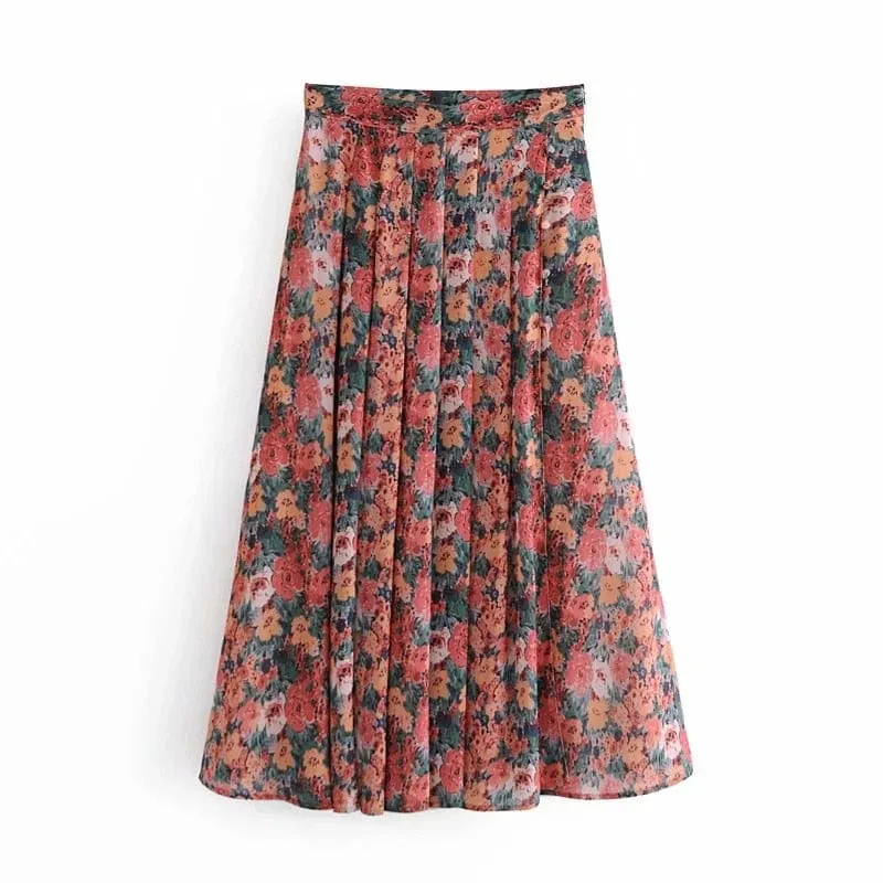 Vintage Floral Pleated Skirt