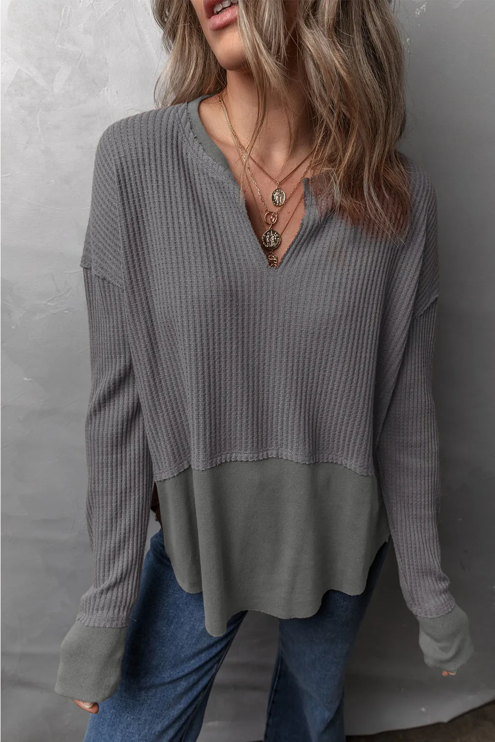 Waffle-Knit Exposed Seam Notched Long Sleeve Top