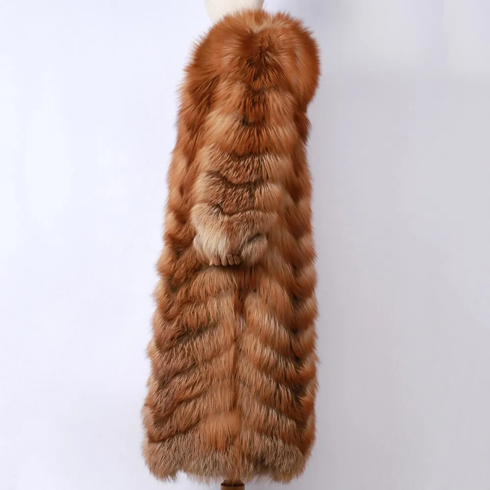 Warm Hooded Long Real Fox Fur Coat