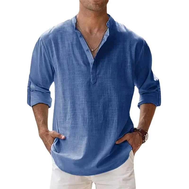 West Louis™ Designer Linen Long Sleeve Henley Beach Shirts