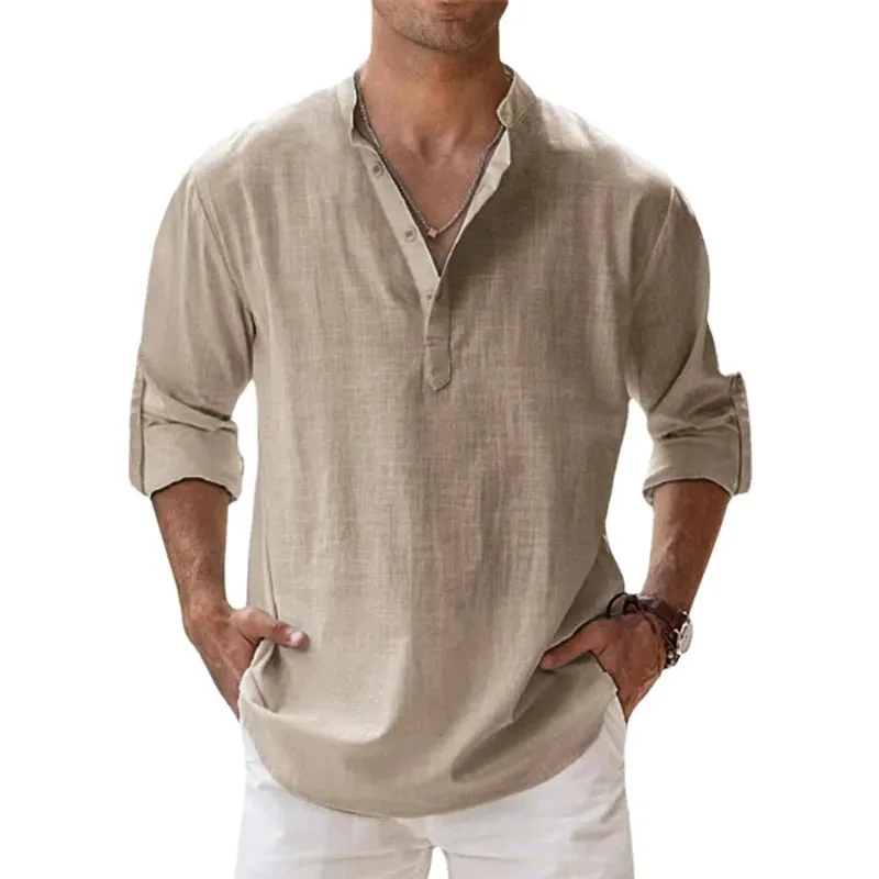 West Louis™ Designer Linen Long Sleeve Henley Beach Shirts